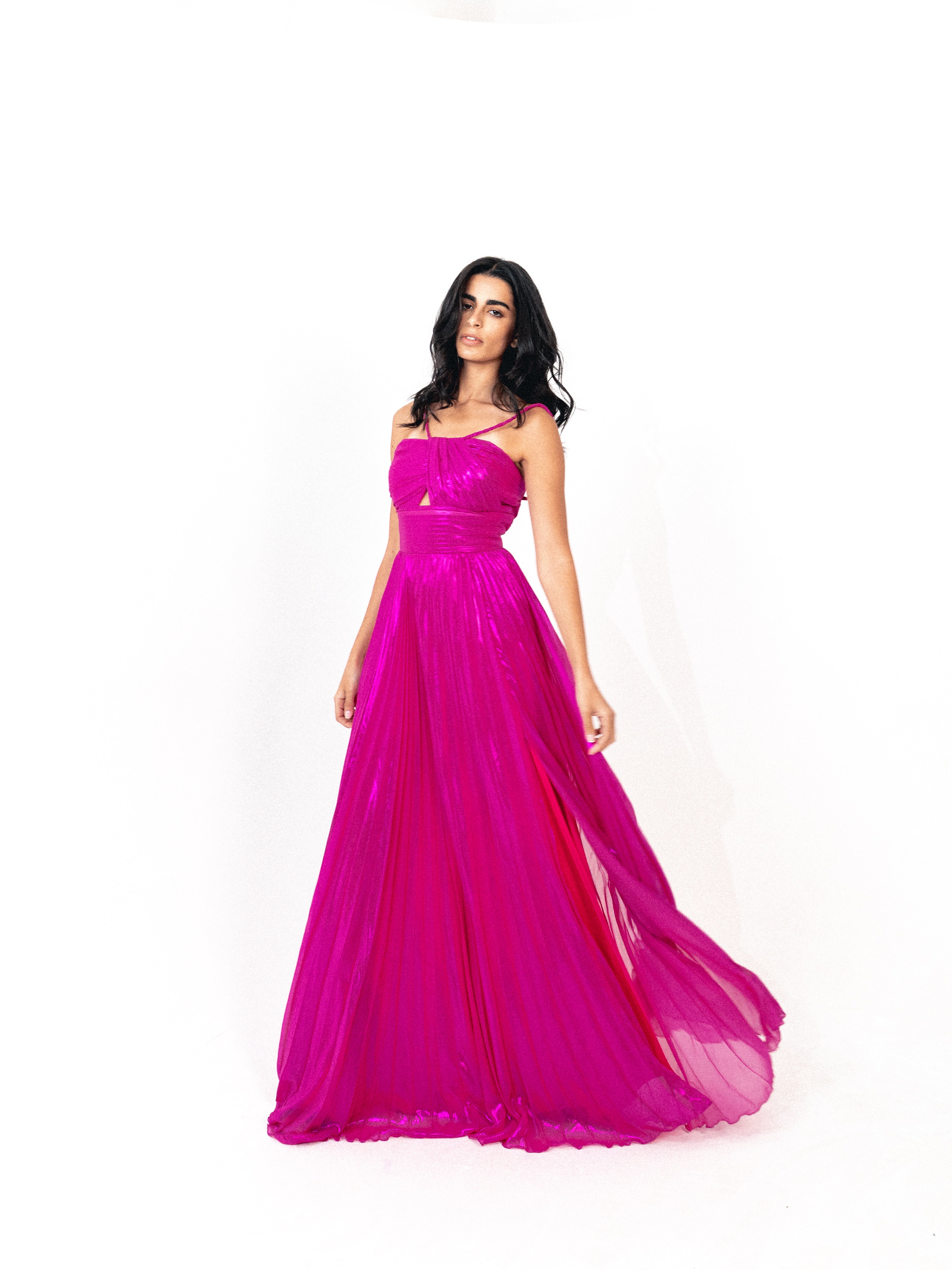 Plisse dress with spaghetti strap In fuchsia