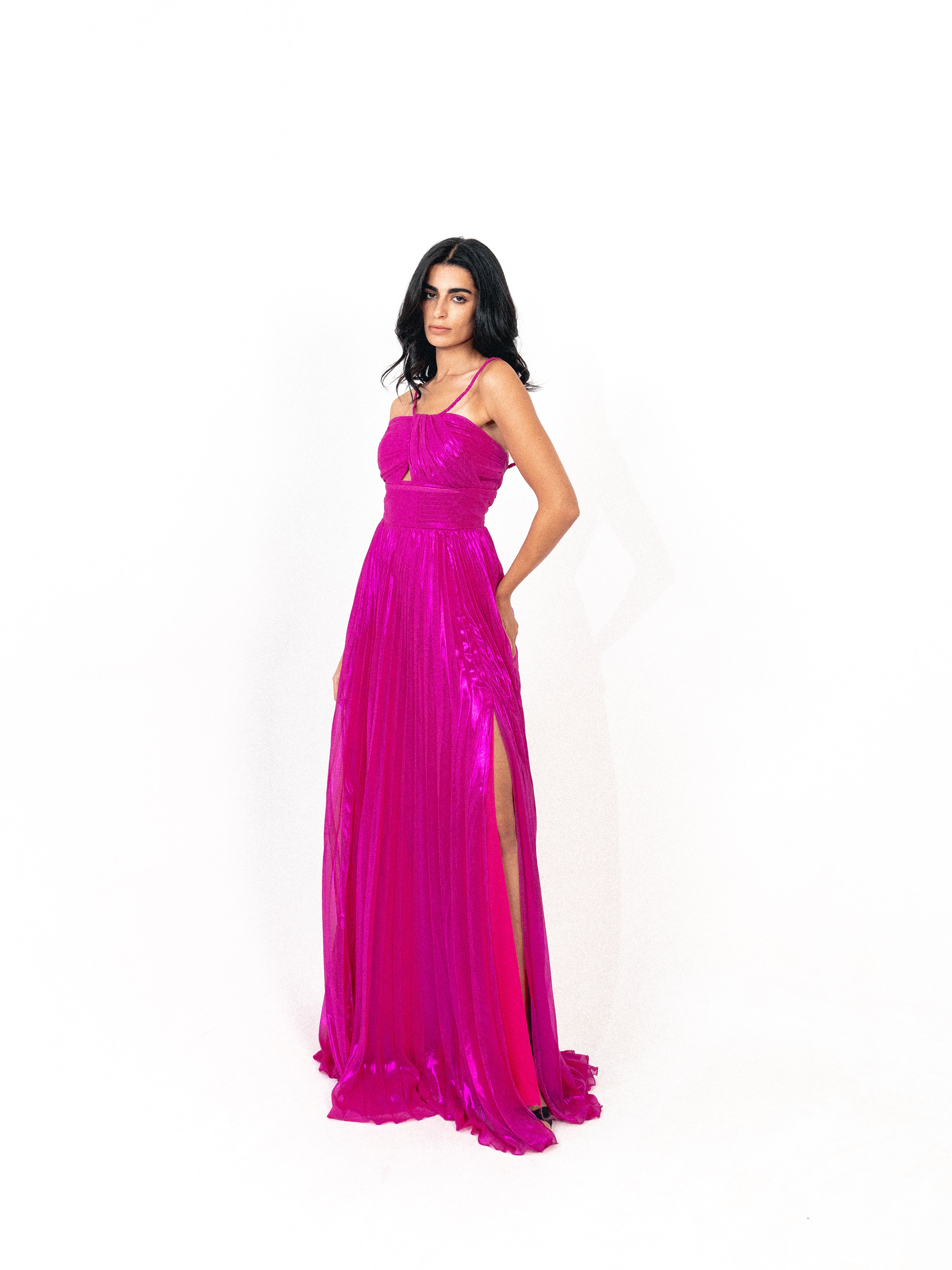 Plisse dress with spaghetti strap In fuchsia