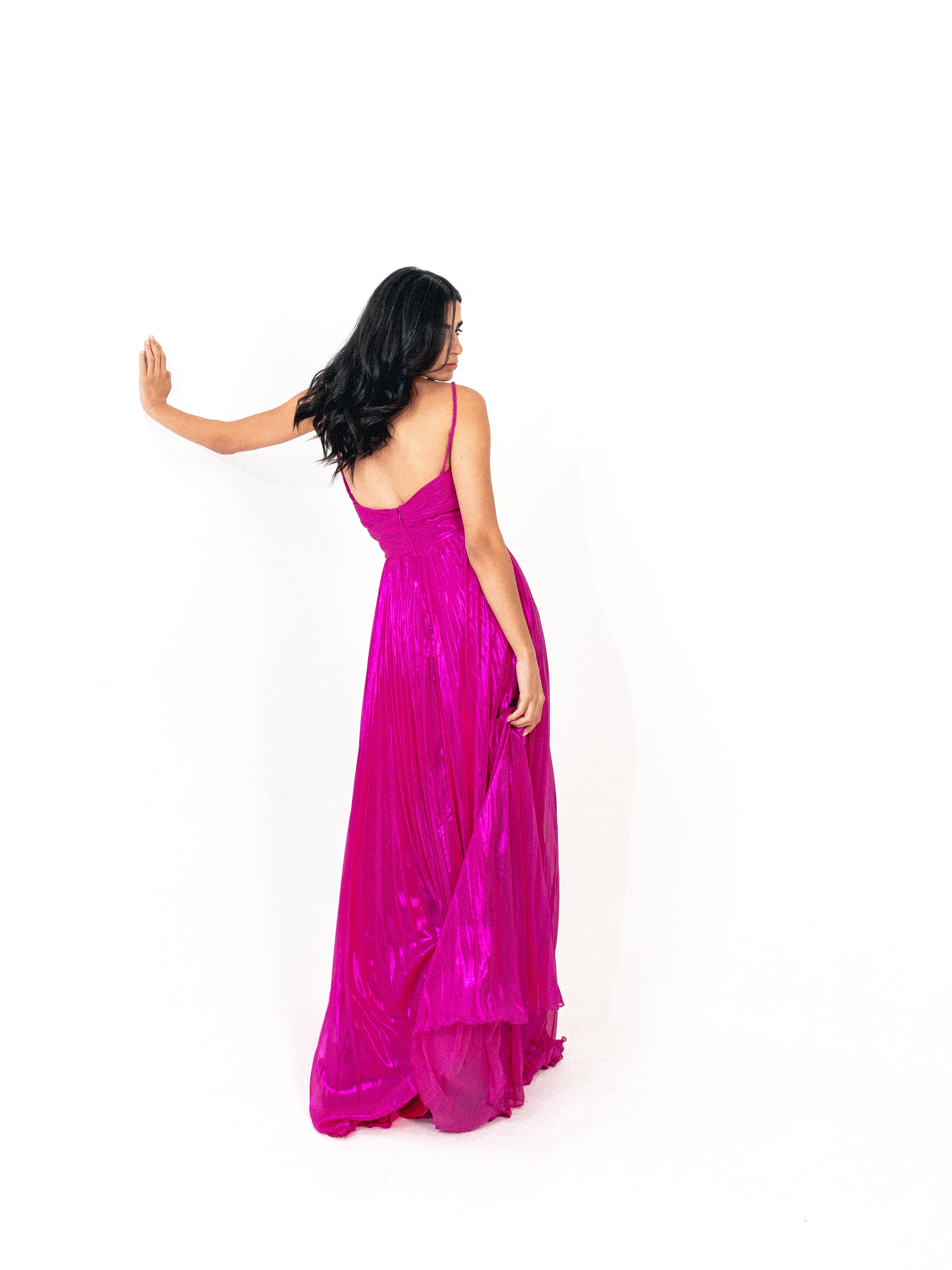 Plisse dress with spaghetti strap In fuchsia