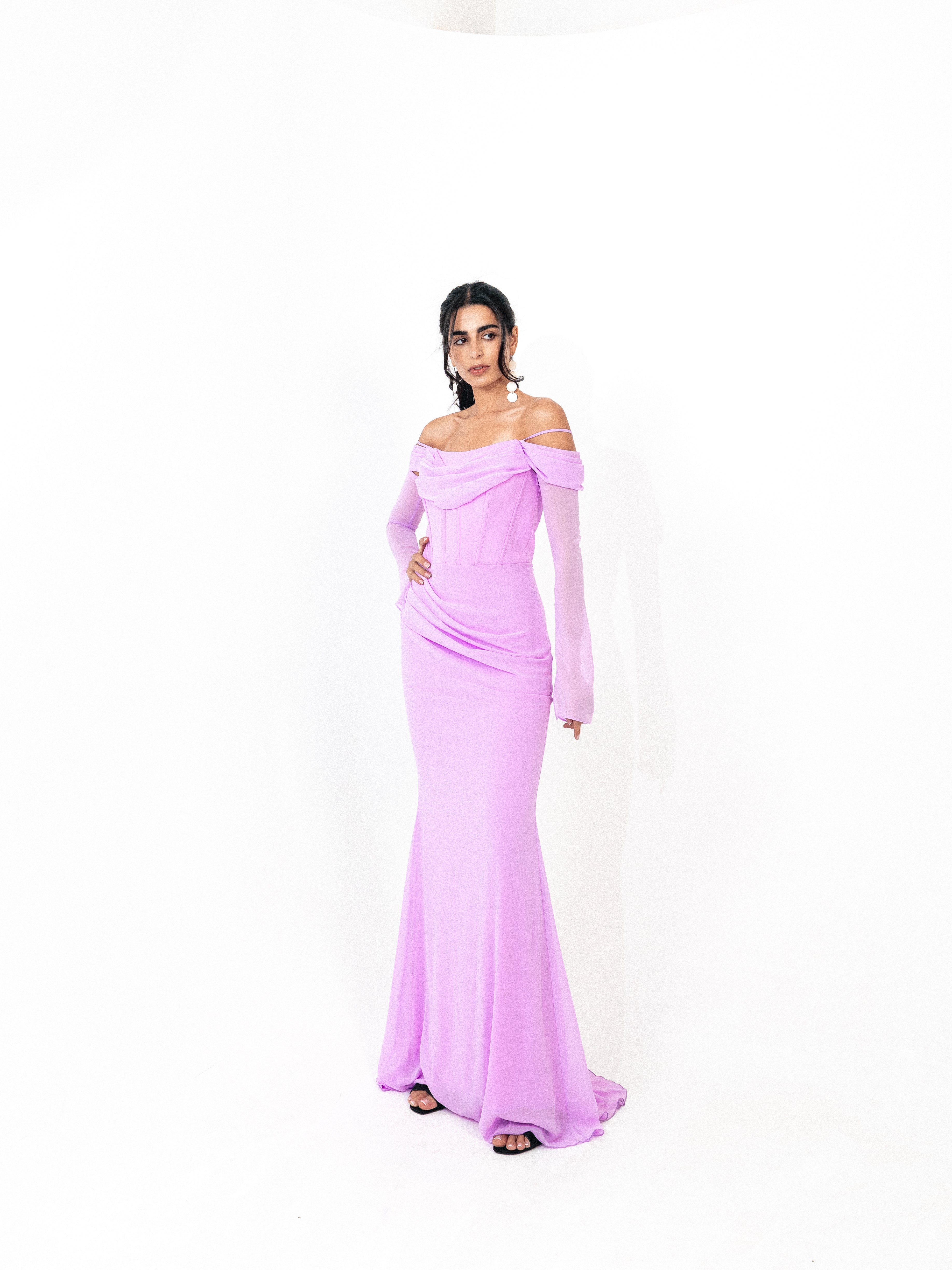 Off shoulder corset chiffon dress in LILAC