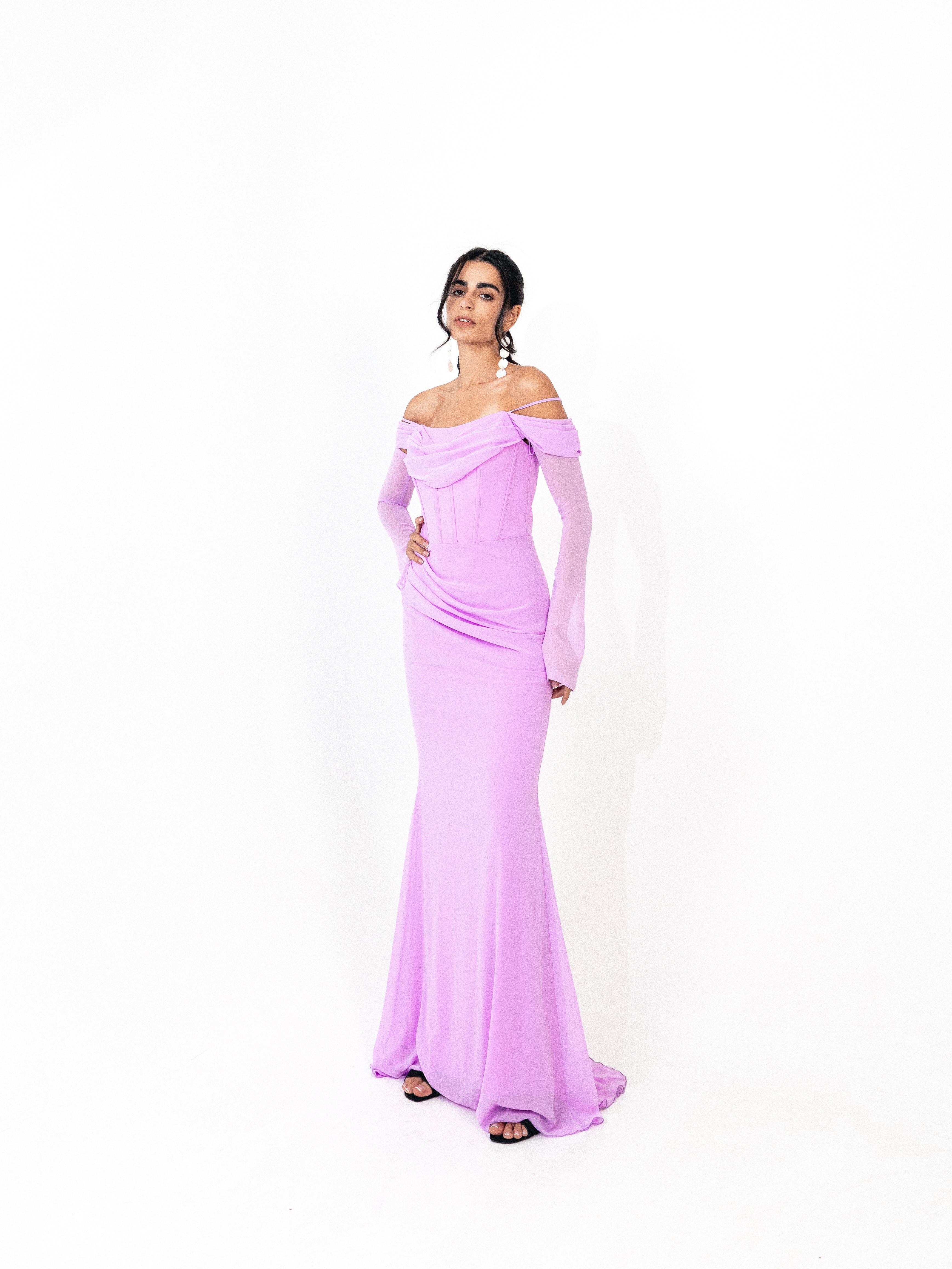 Off shoulder corset chiffon dress in LILAC