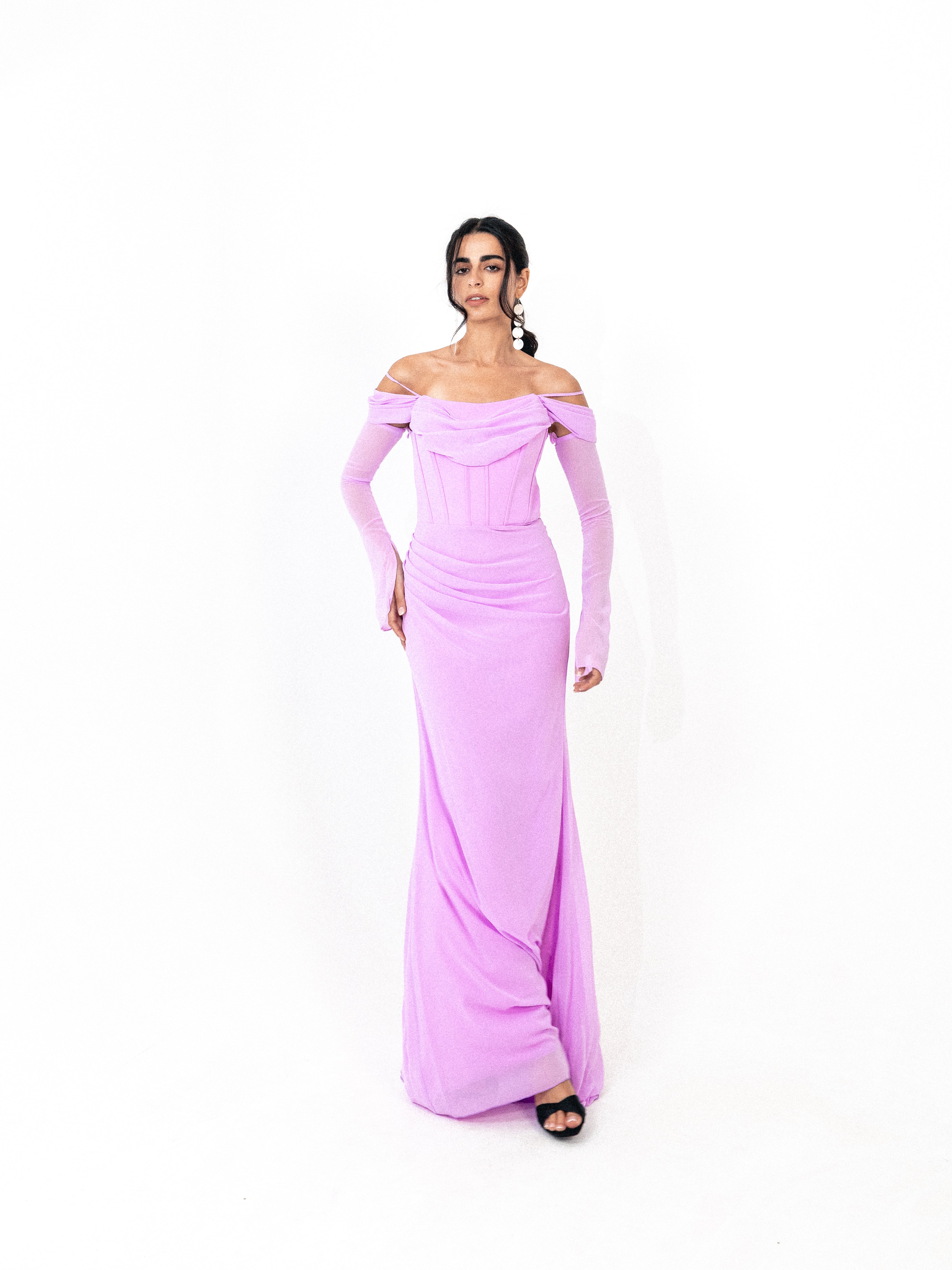 Off shoulder corset chiffon dress in LILAC