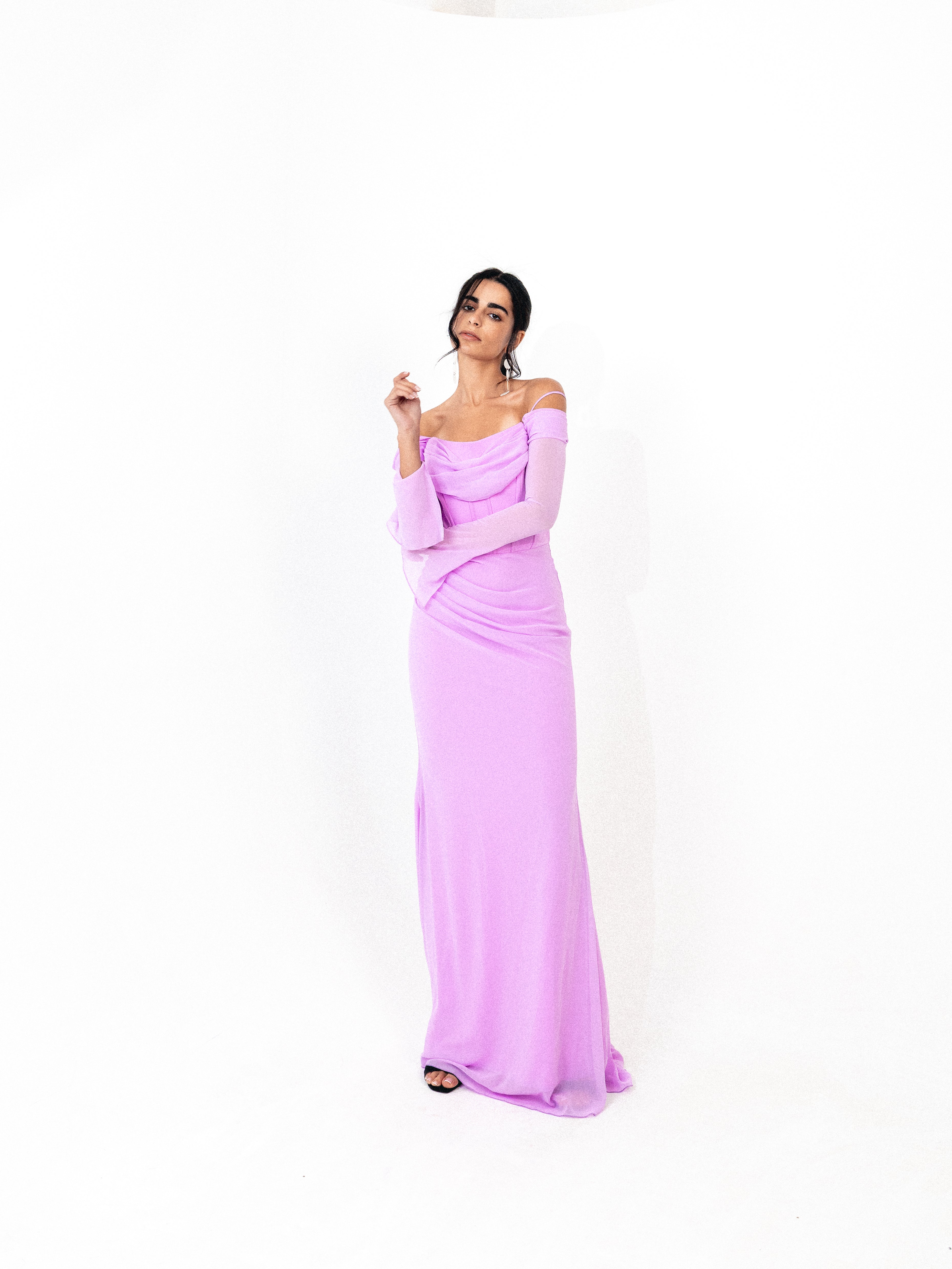 Off shoulder corset chiffon dress in LILAC