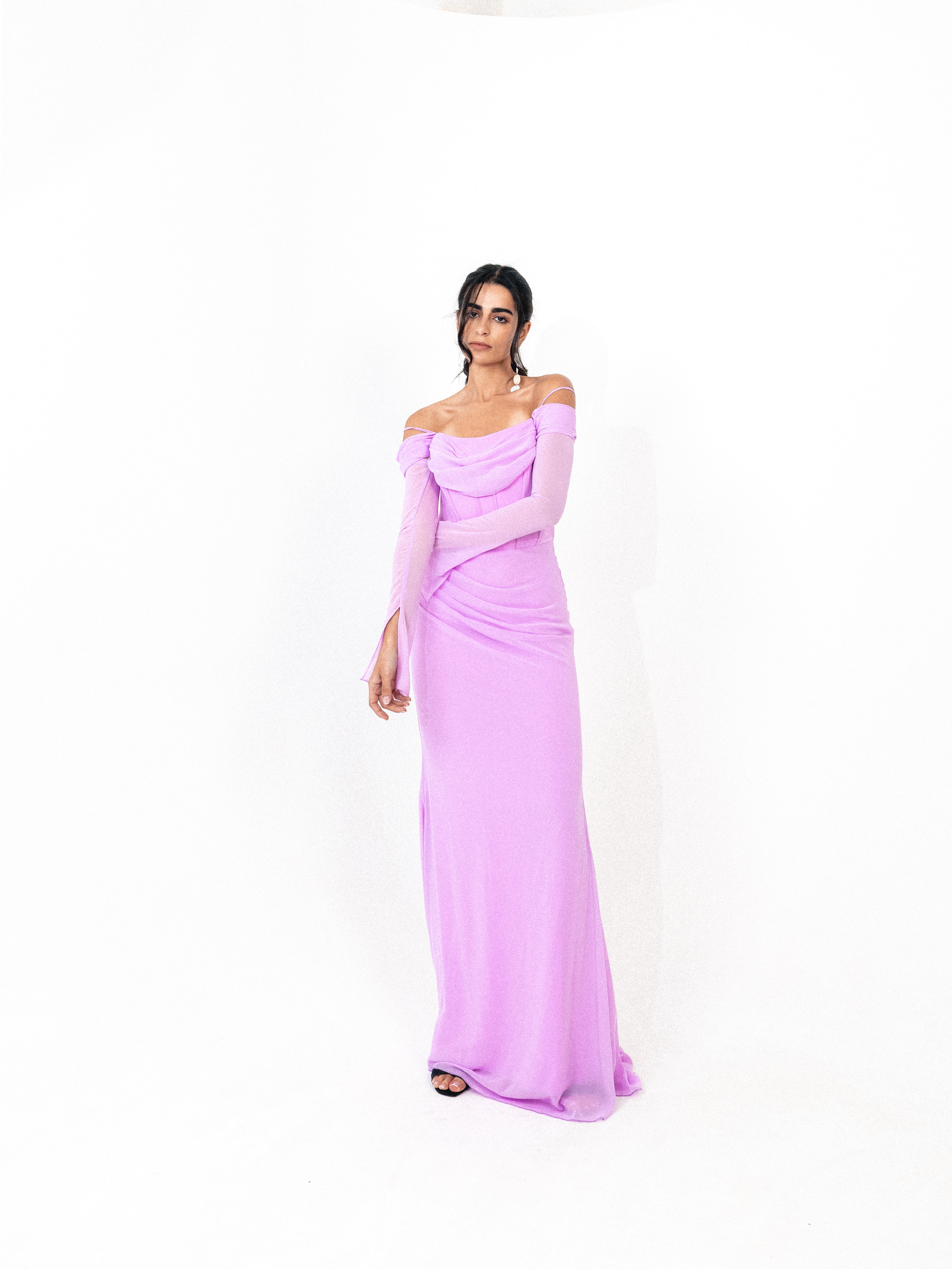 Off shoulder corset chiffon dress in LILAC