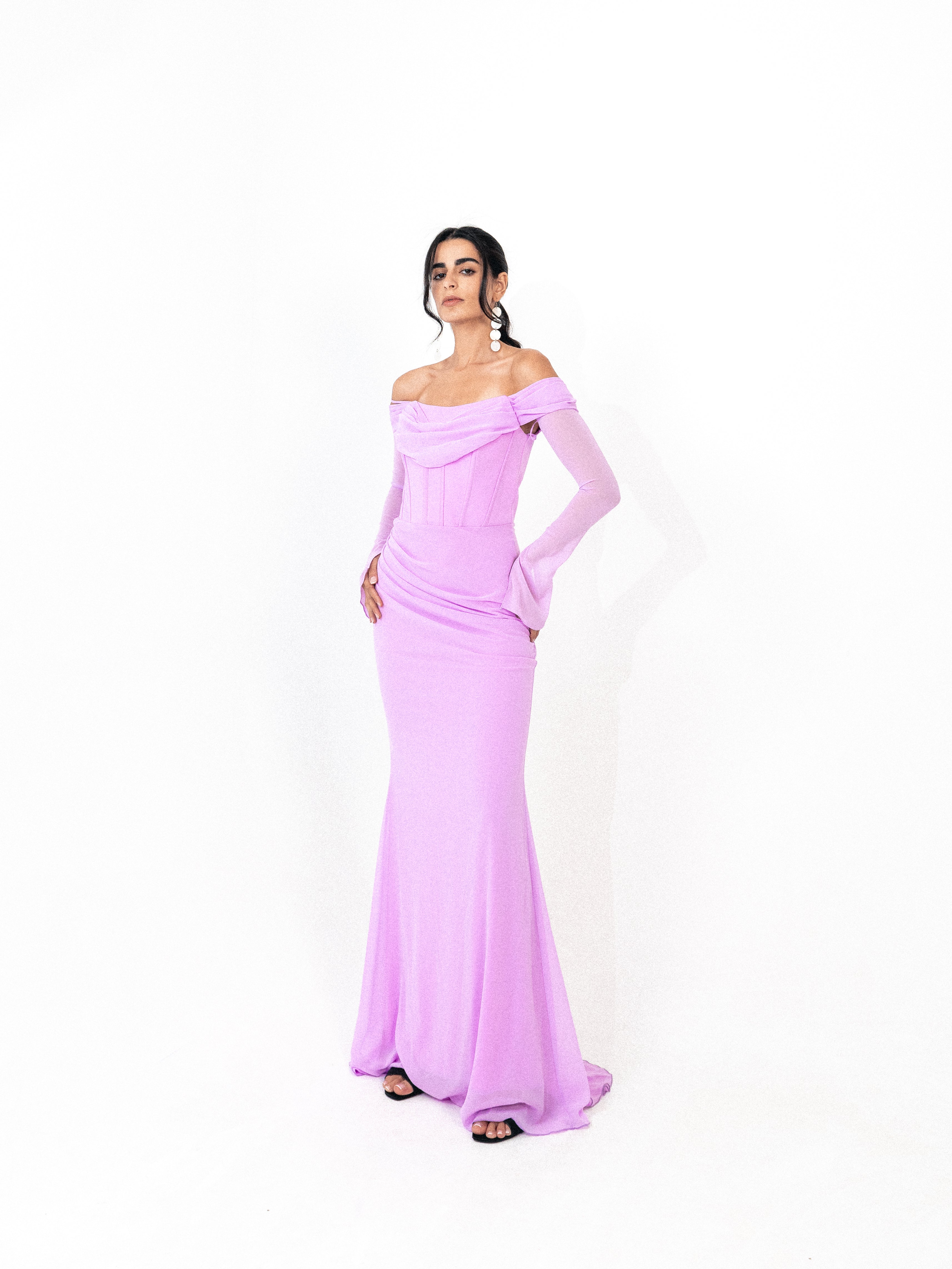 Off shoulder corset chiffon dress in LILAC