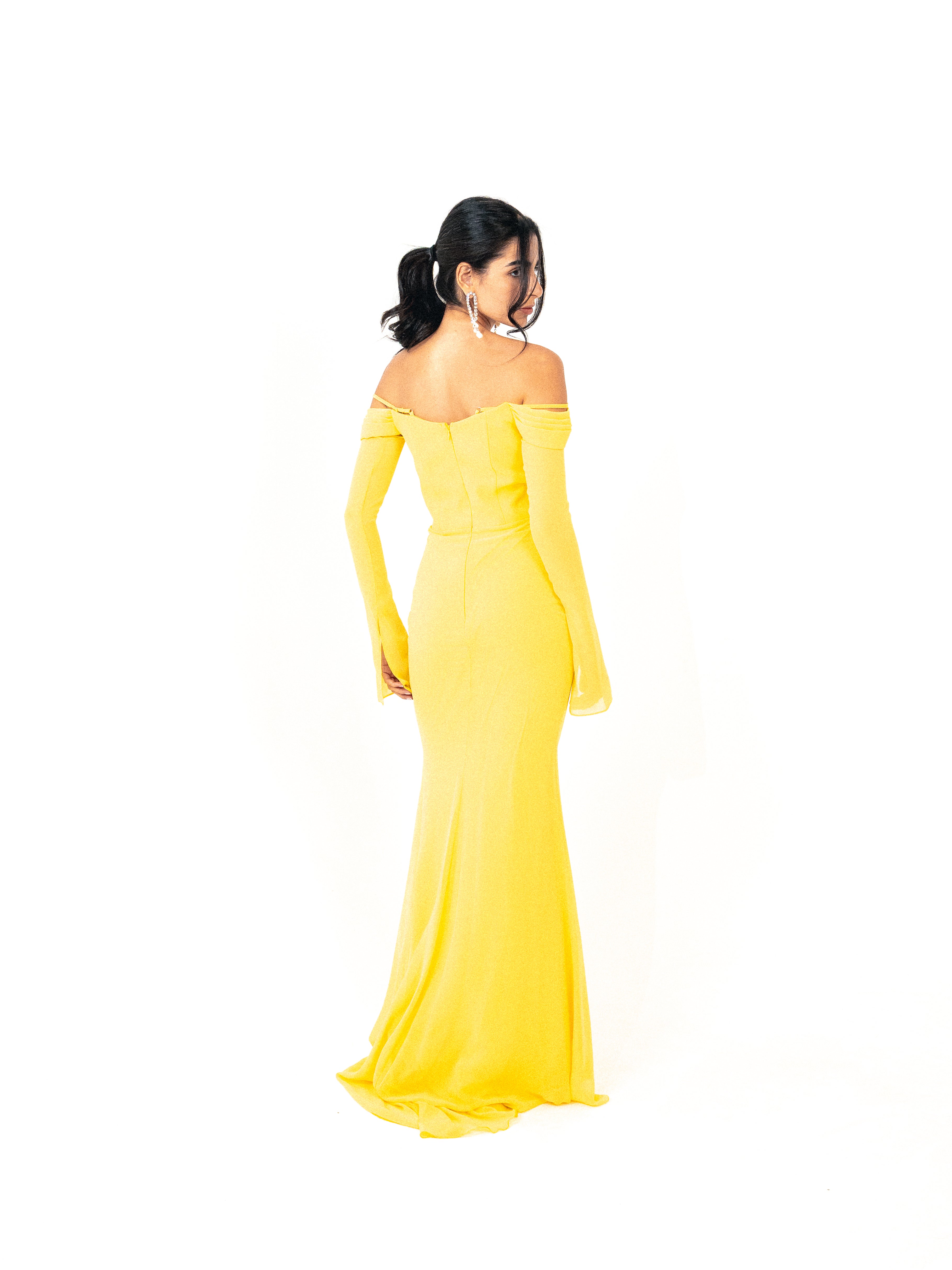 Off shoulder corset chiffon dress in yellow