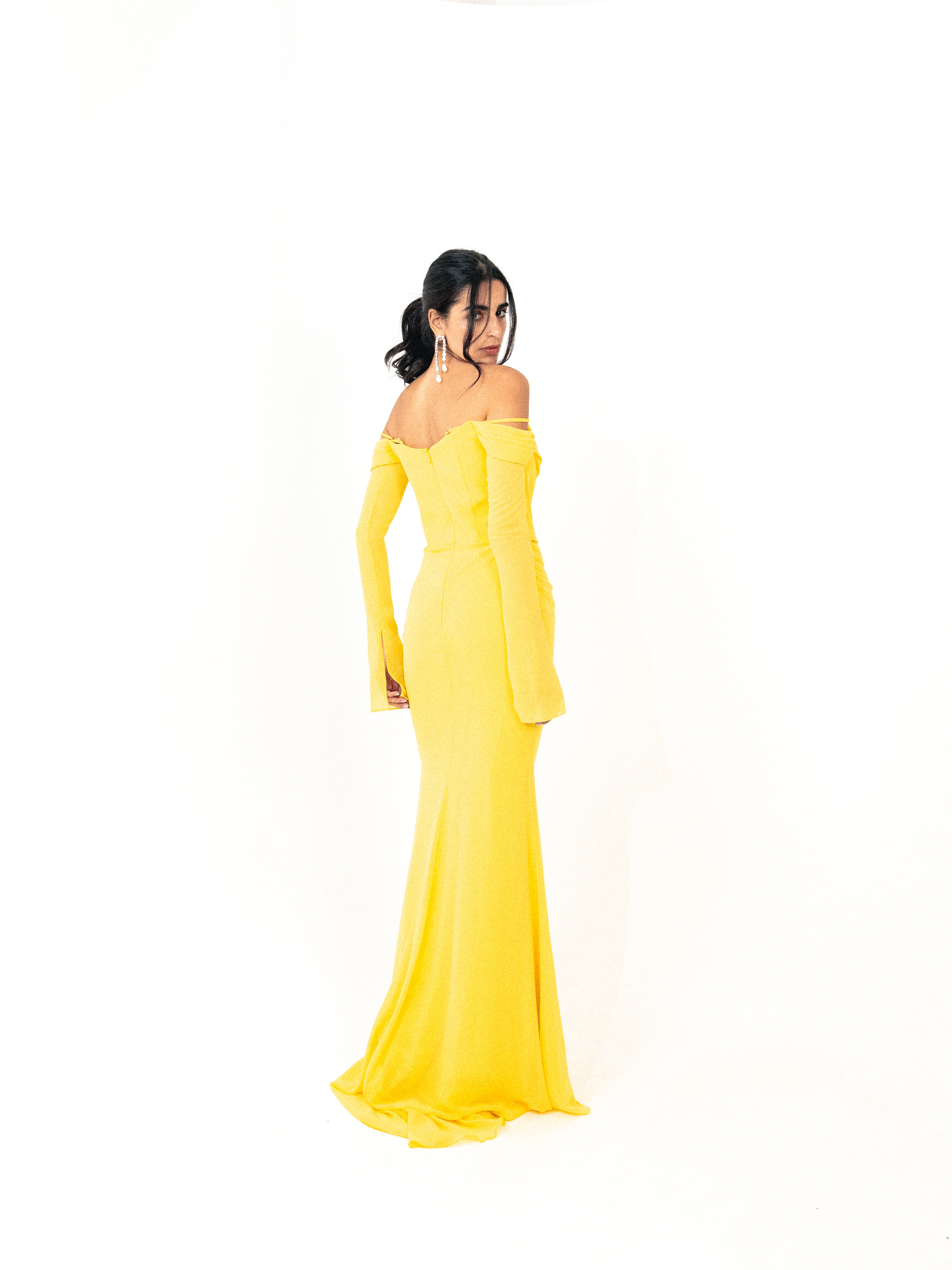 Off shoulder corset chiffon dress in yellow