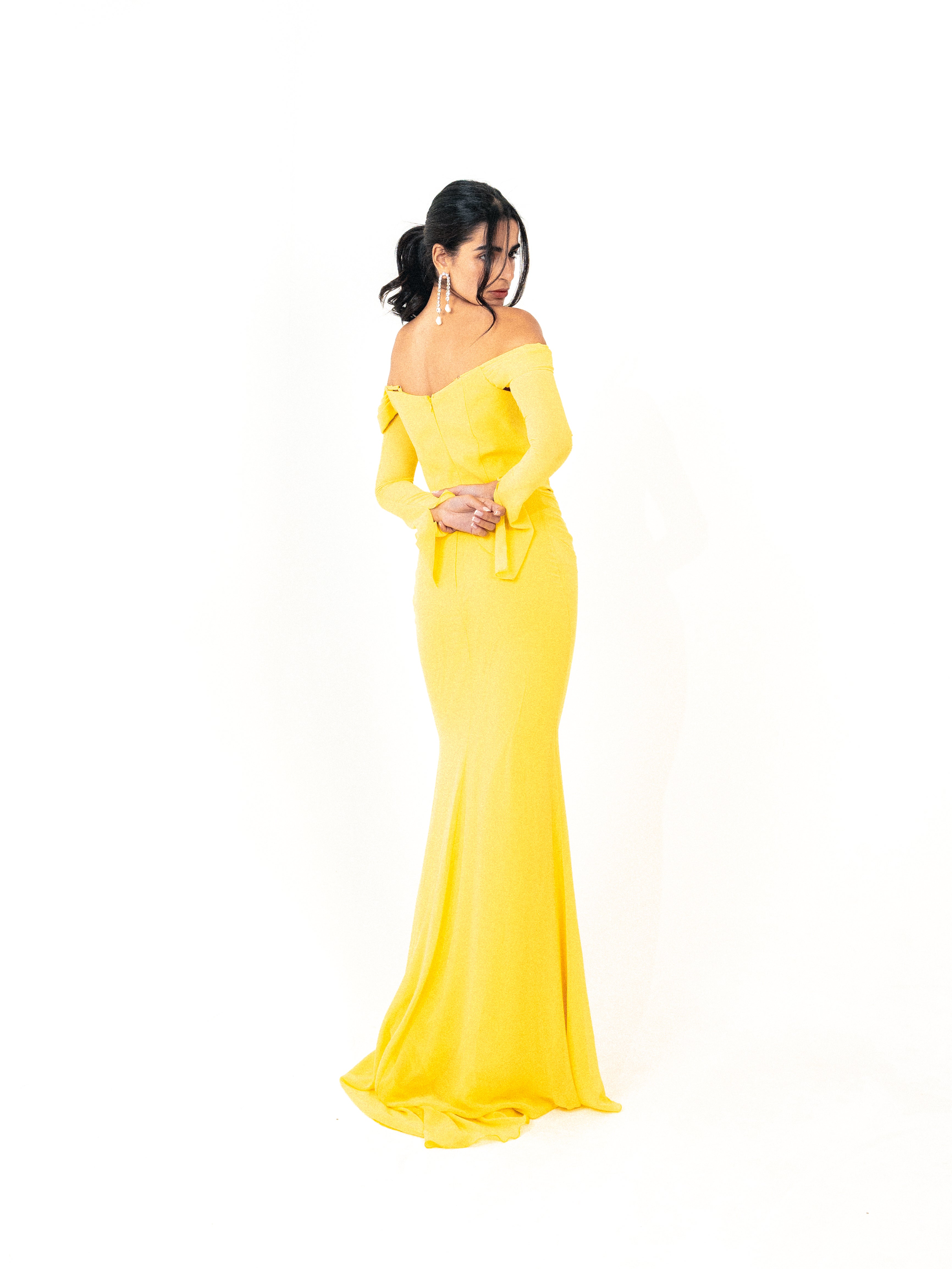 Off shoulder corset chiffon dress in yellow