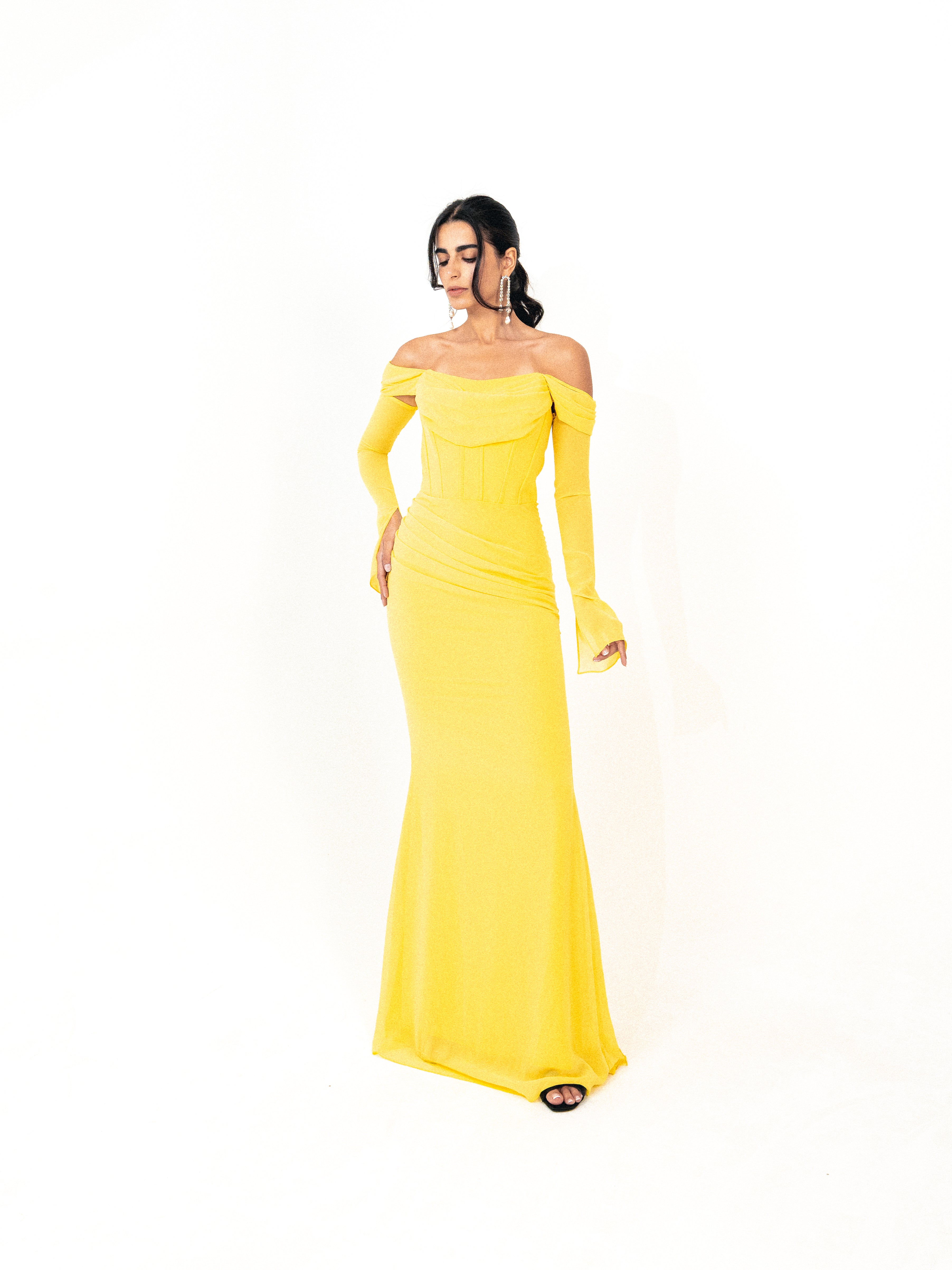 Off shoulder corset chiffon dress in yellow