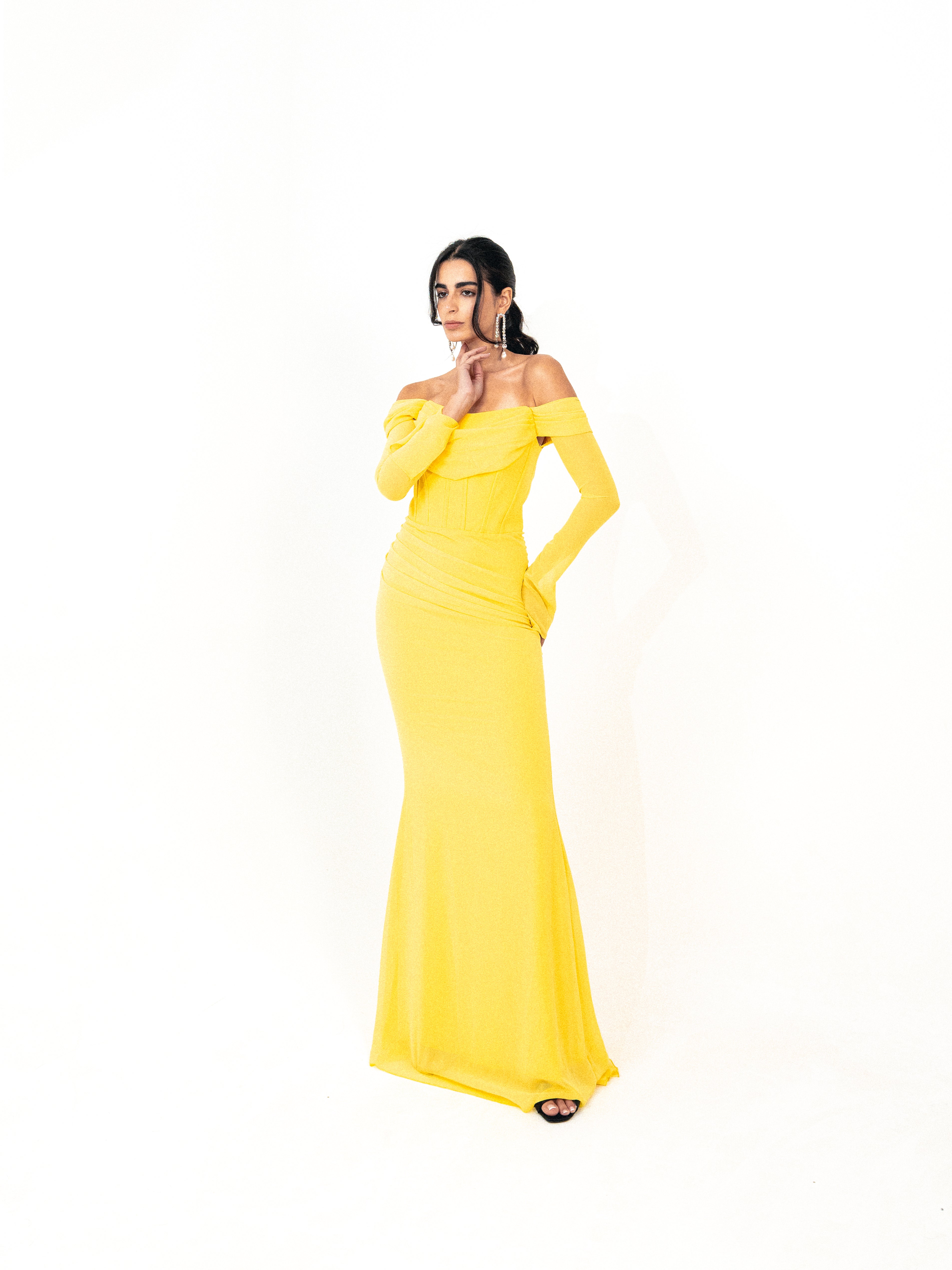 Off shoulder corset chiffon dress in yellow