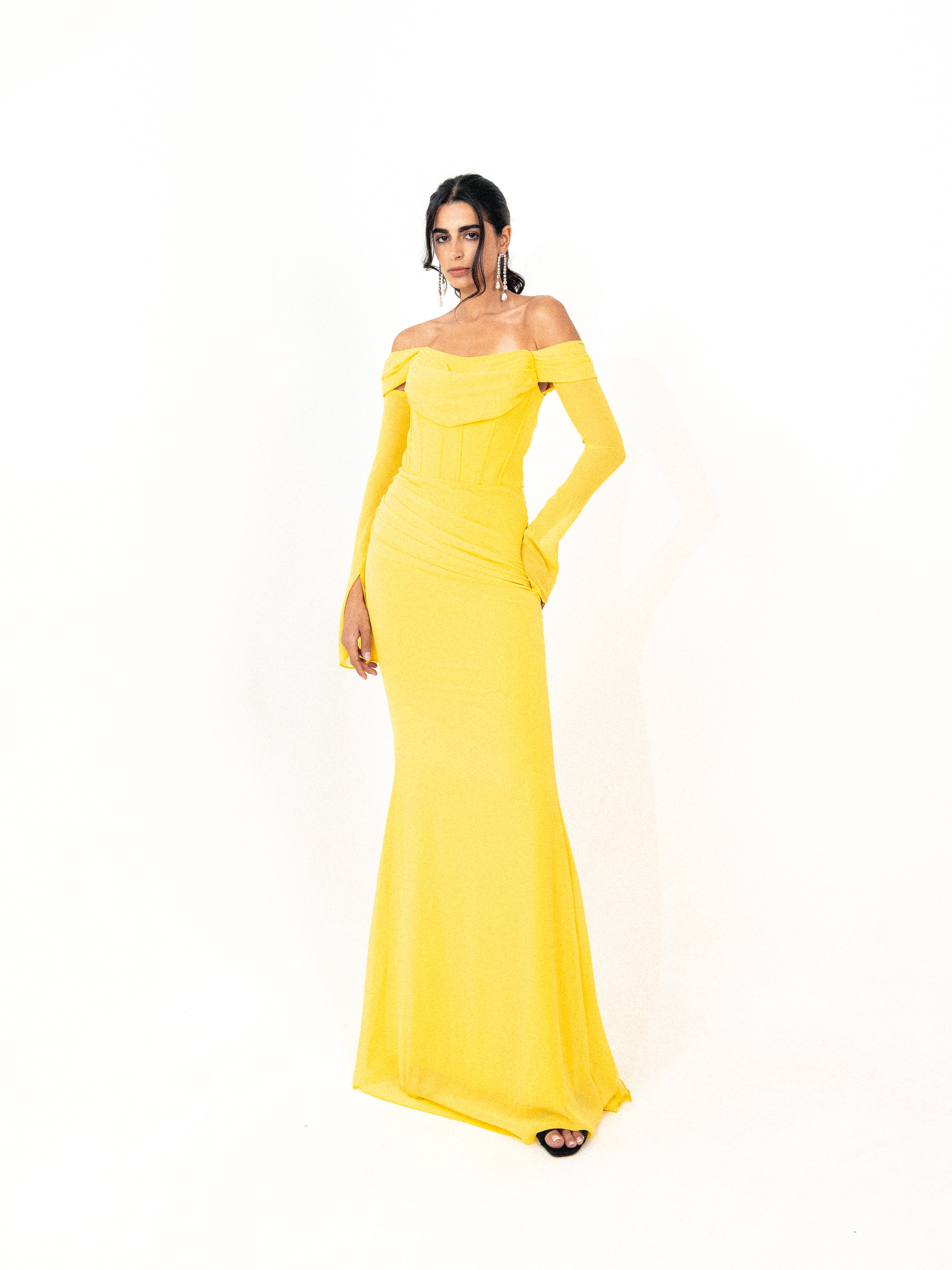 Off shoulder corset chiffon dress in yellow