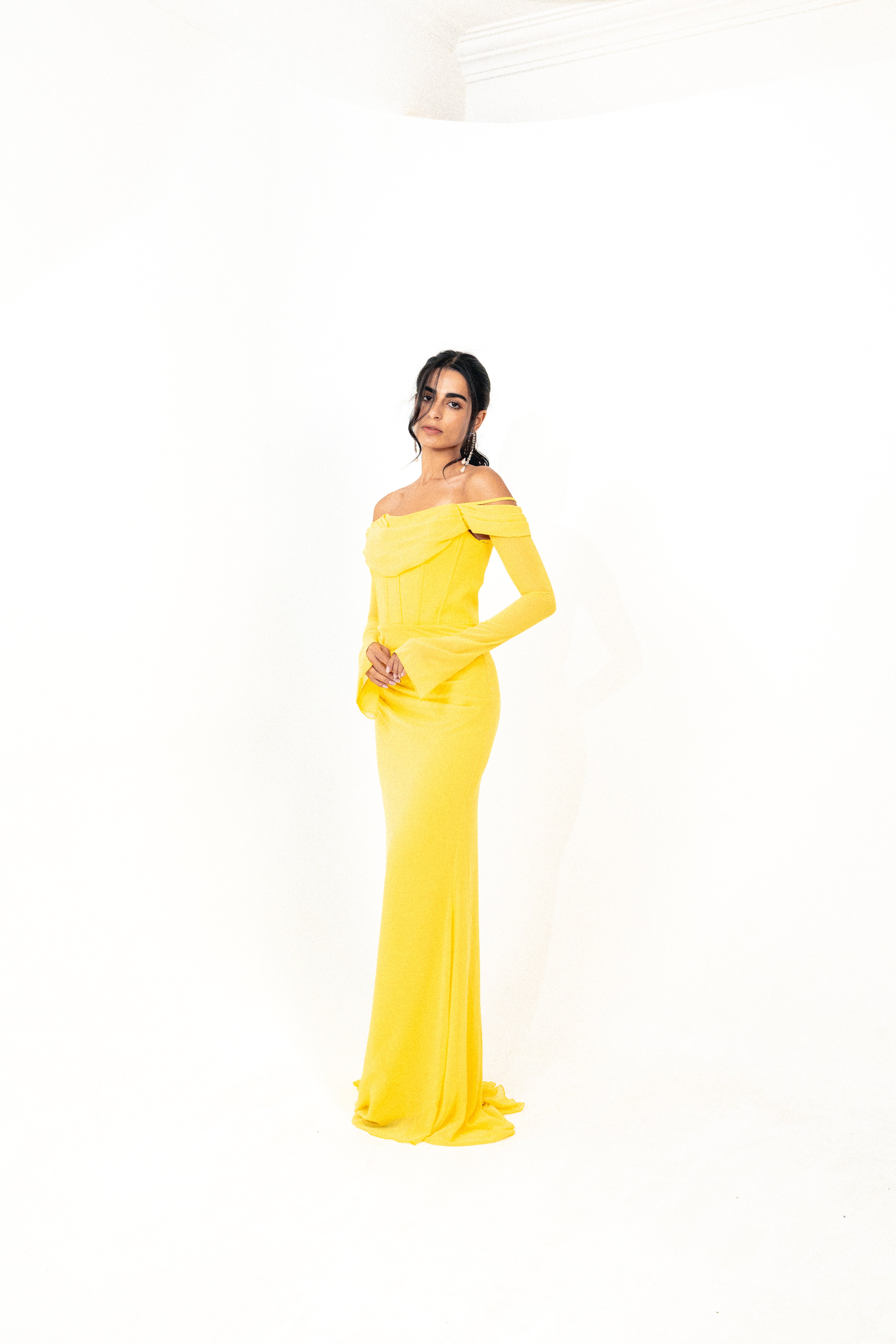 Off shoulder corset chiffon dress in yellow