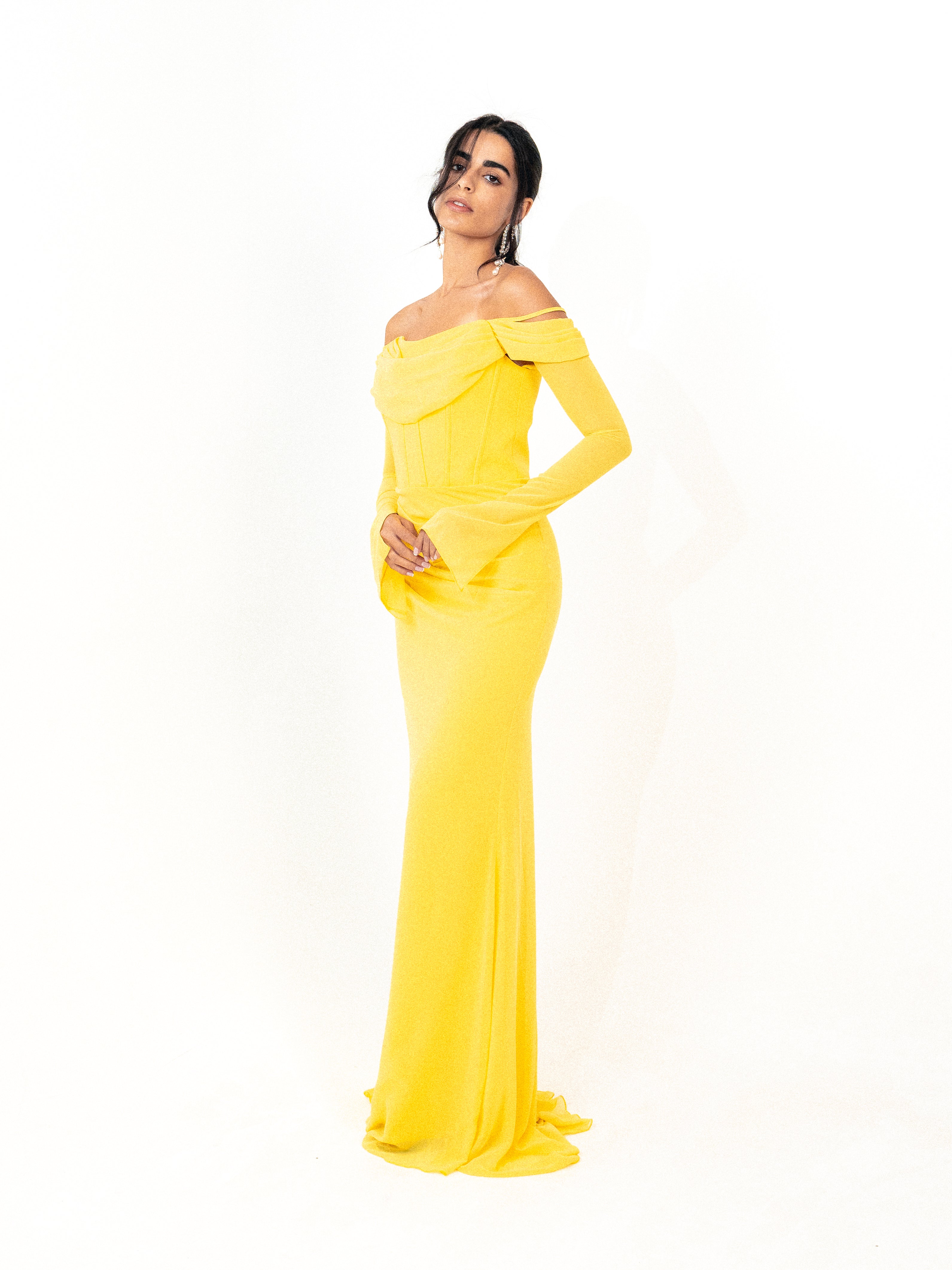 Off shoulder corset chiffon dress in yellow