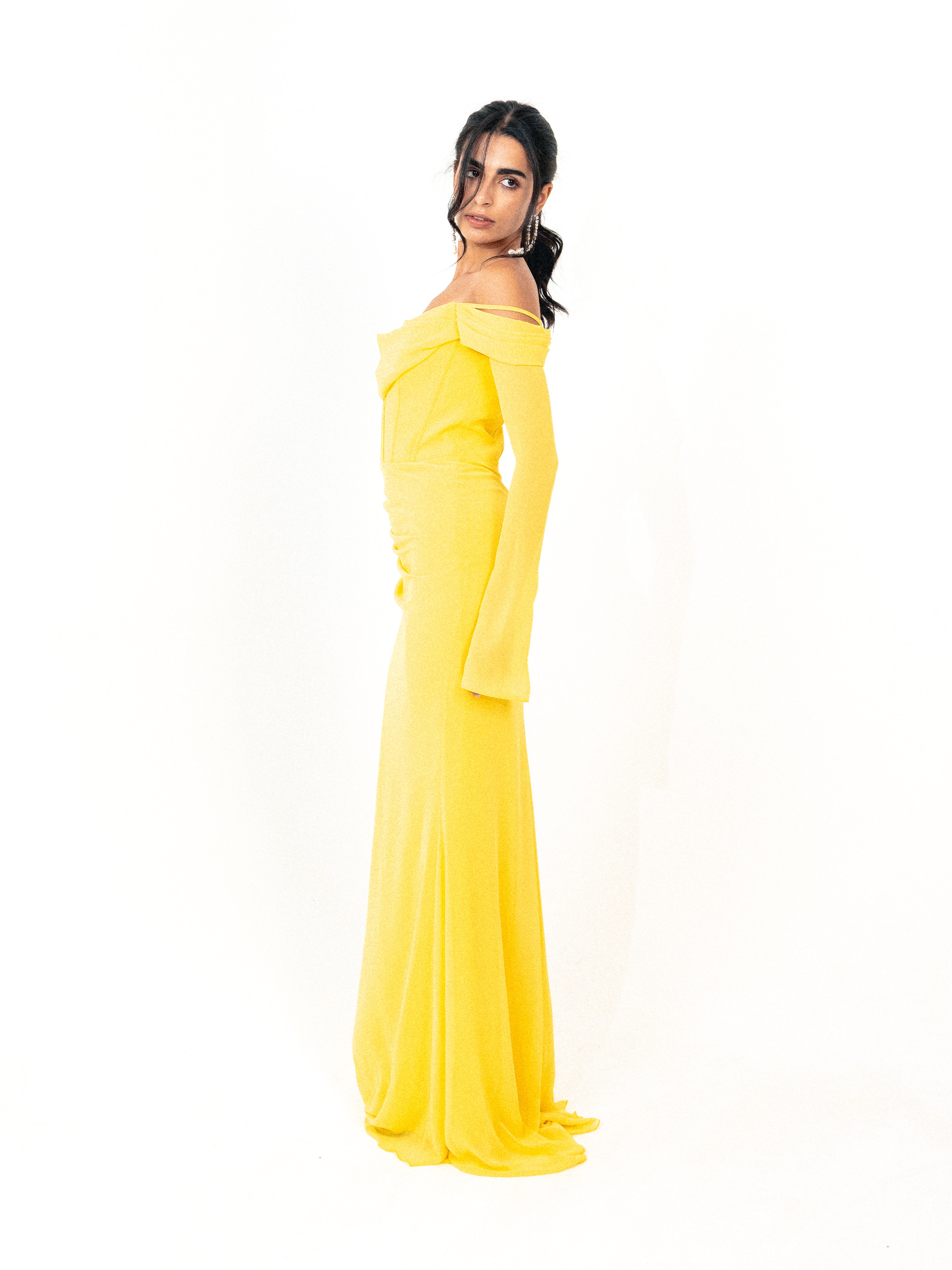 Off shoulder corset chiffon dress in yellow