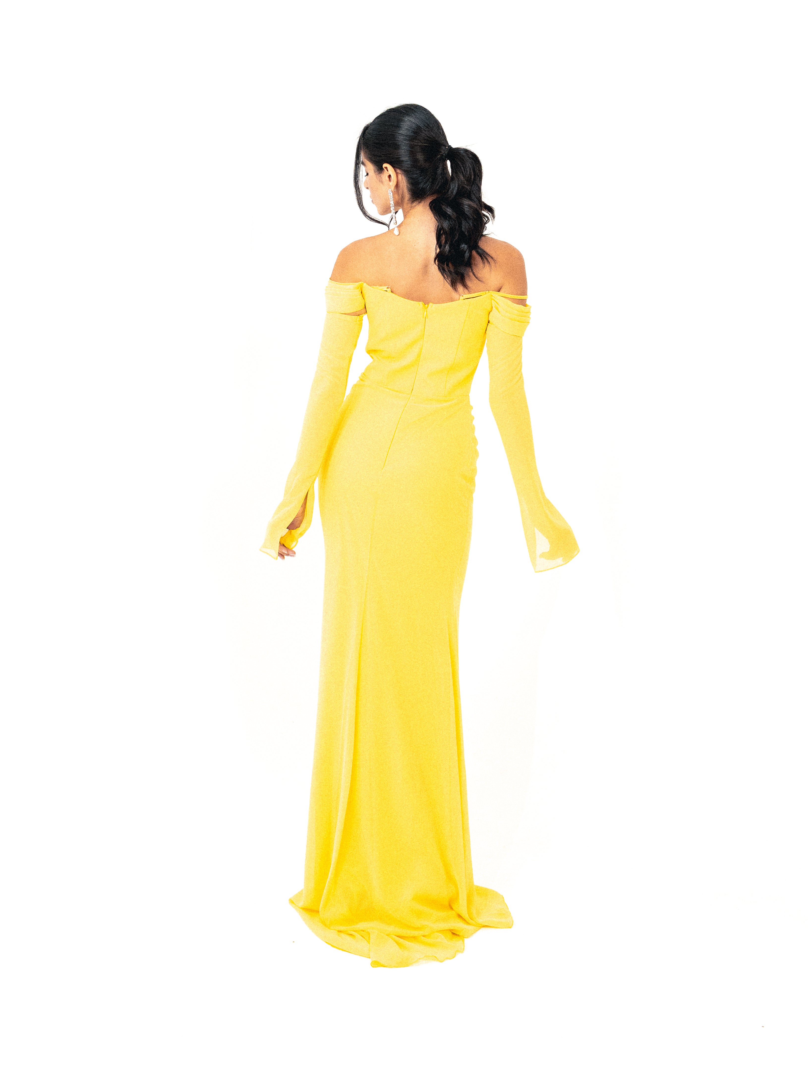 Off shoulder corset chiffon dress in yellow