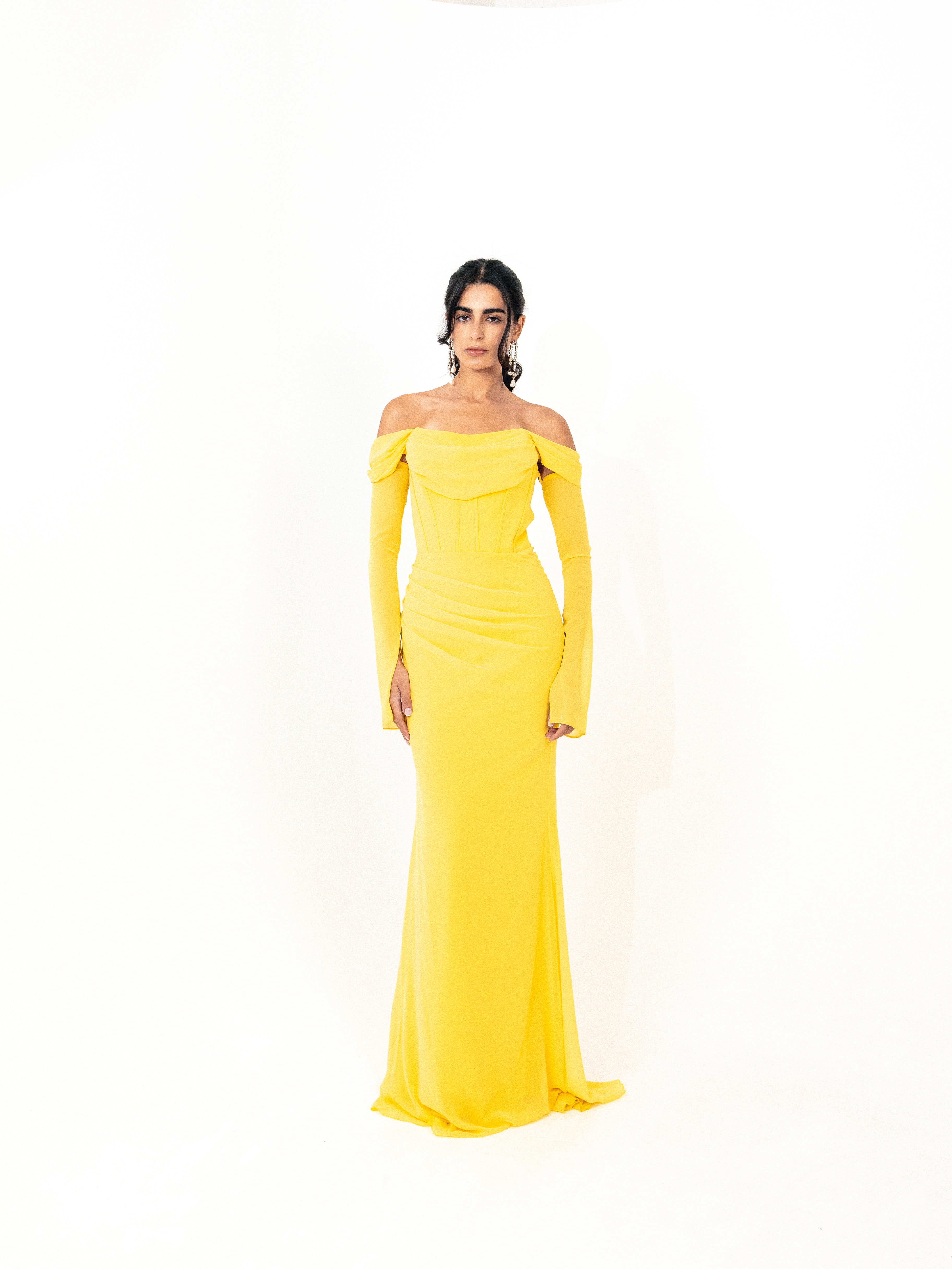 Off shoulder corset chiffon dress in yellow