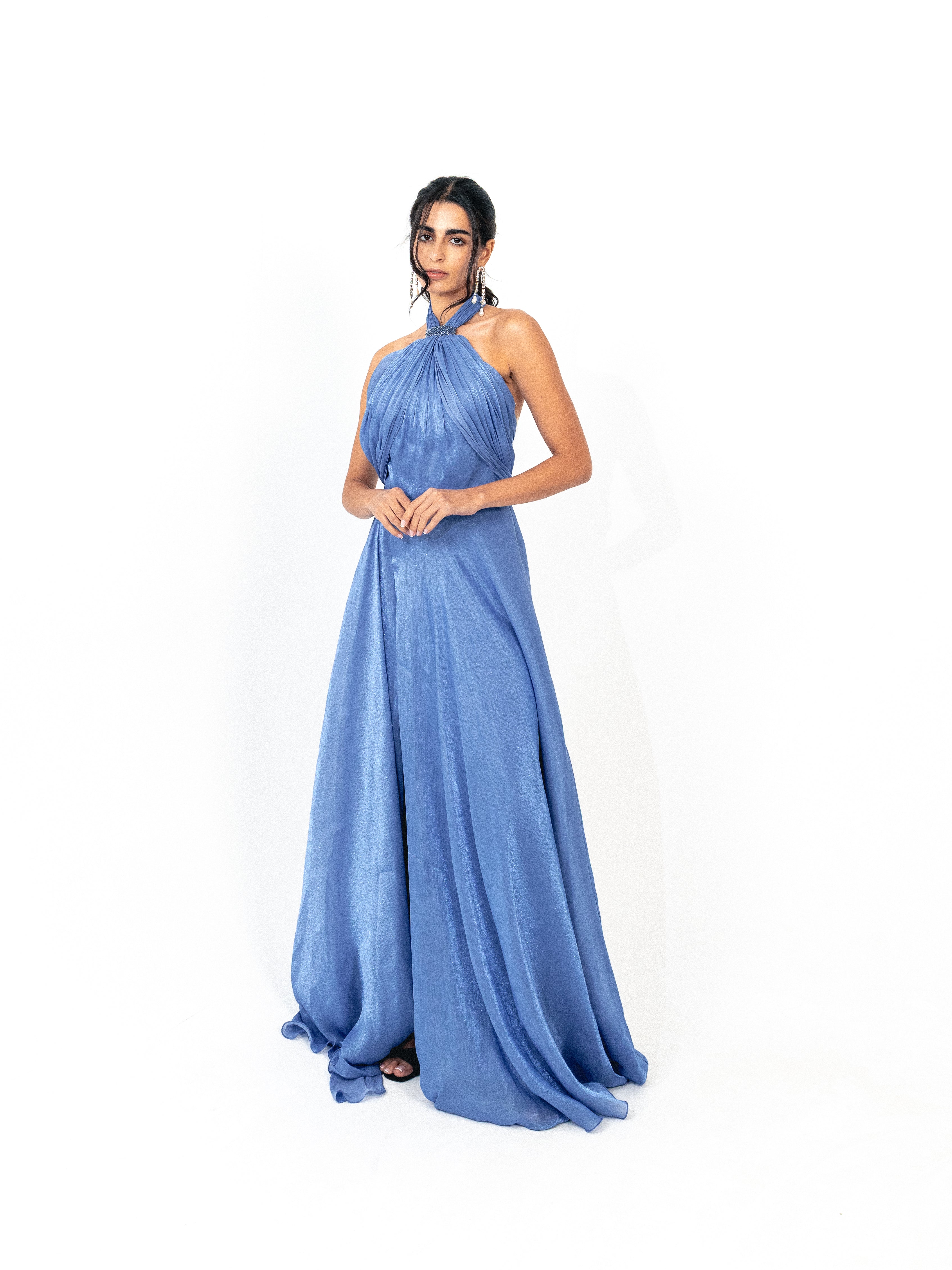 Halter neck backless organza long dress with slit in BLUE
