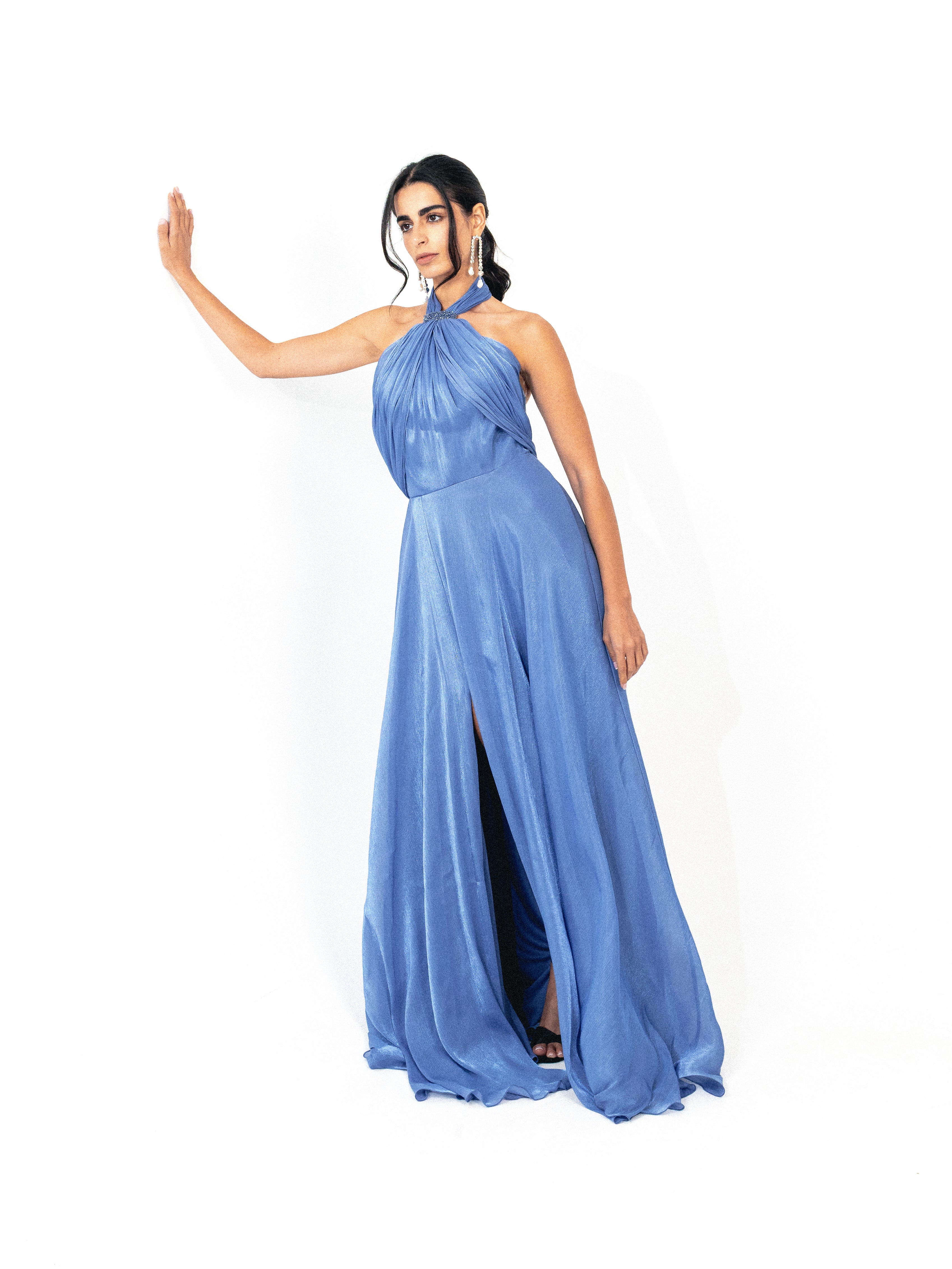 Halter neck backless organza long dress with slit in BLUE