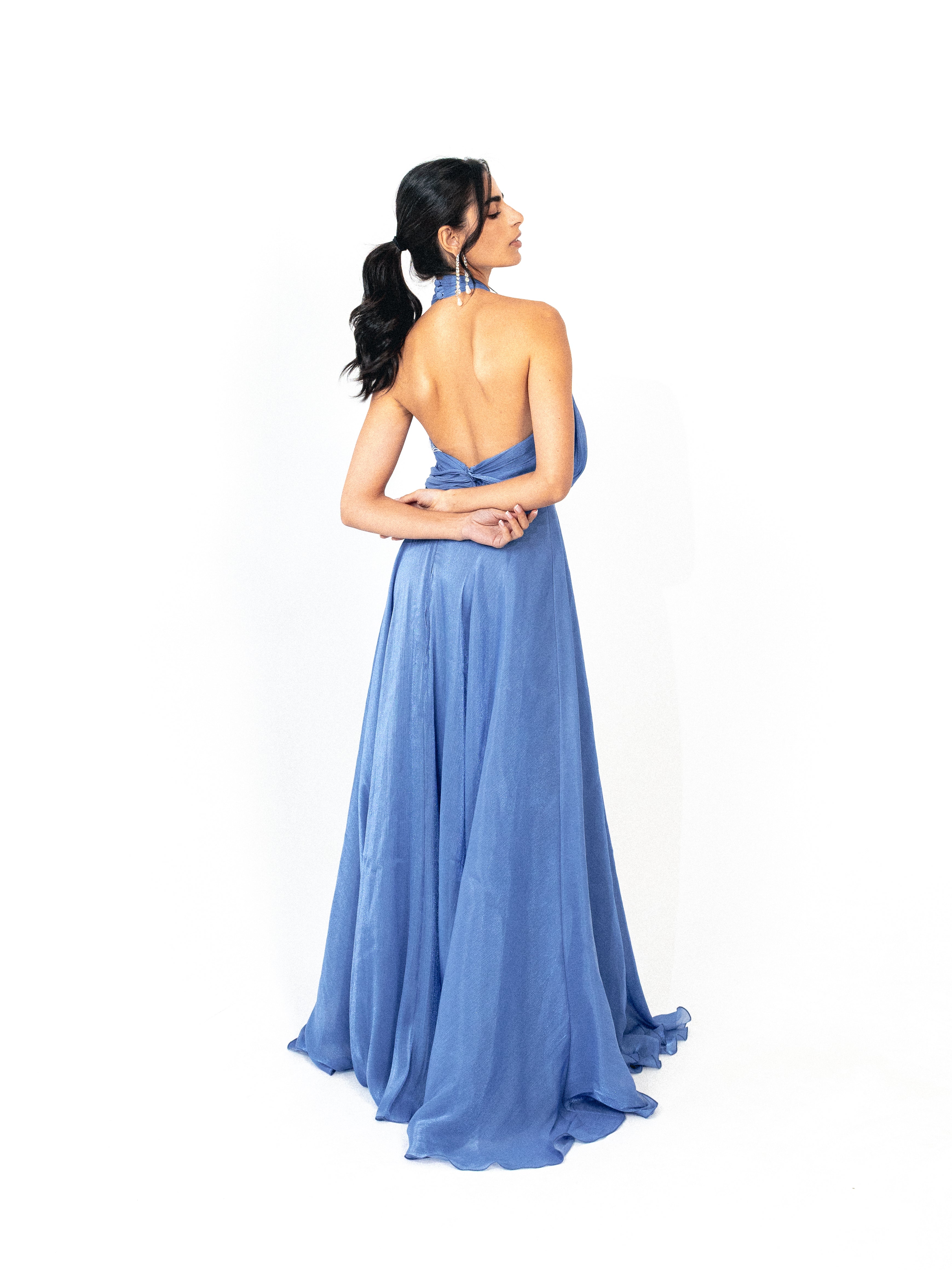 Halter neck backless organza long dress with slit in BLUE