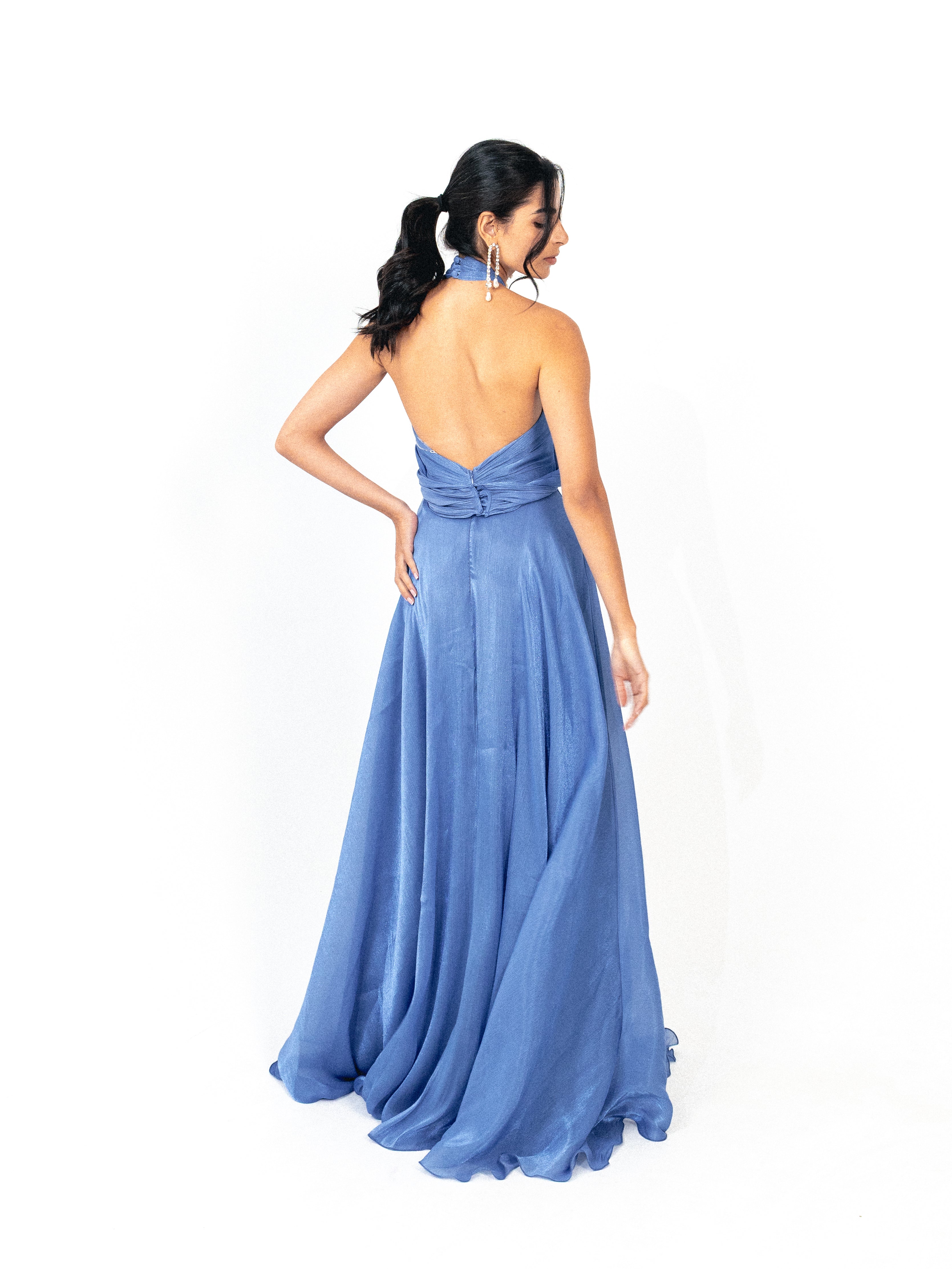Halter neck backless organza long dress with slit in BLUE