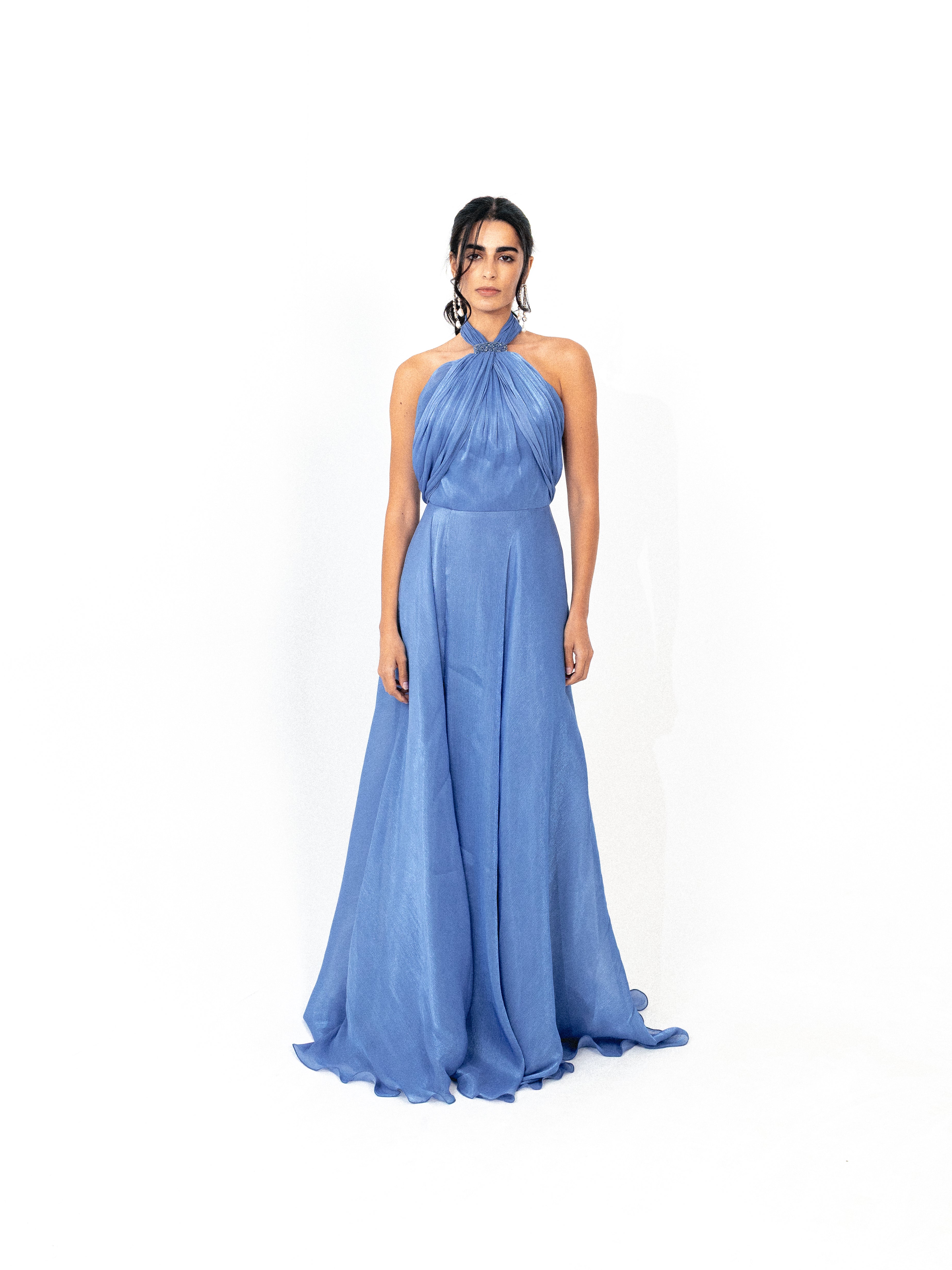 Halter neck backless organza long dress with slit in BLUE