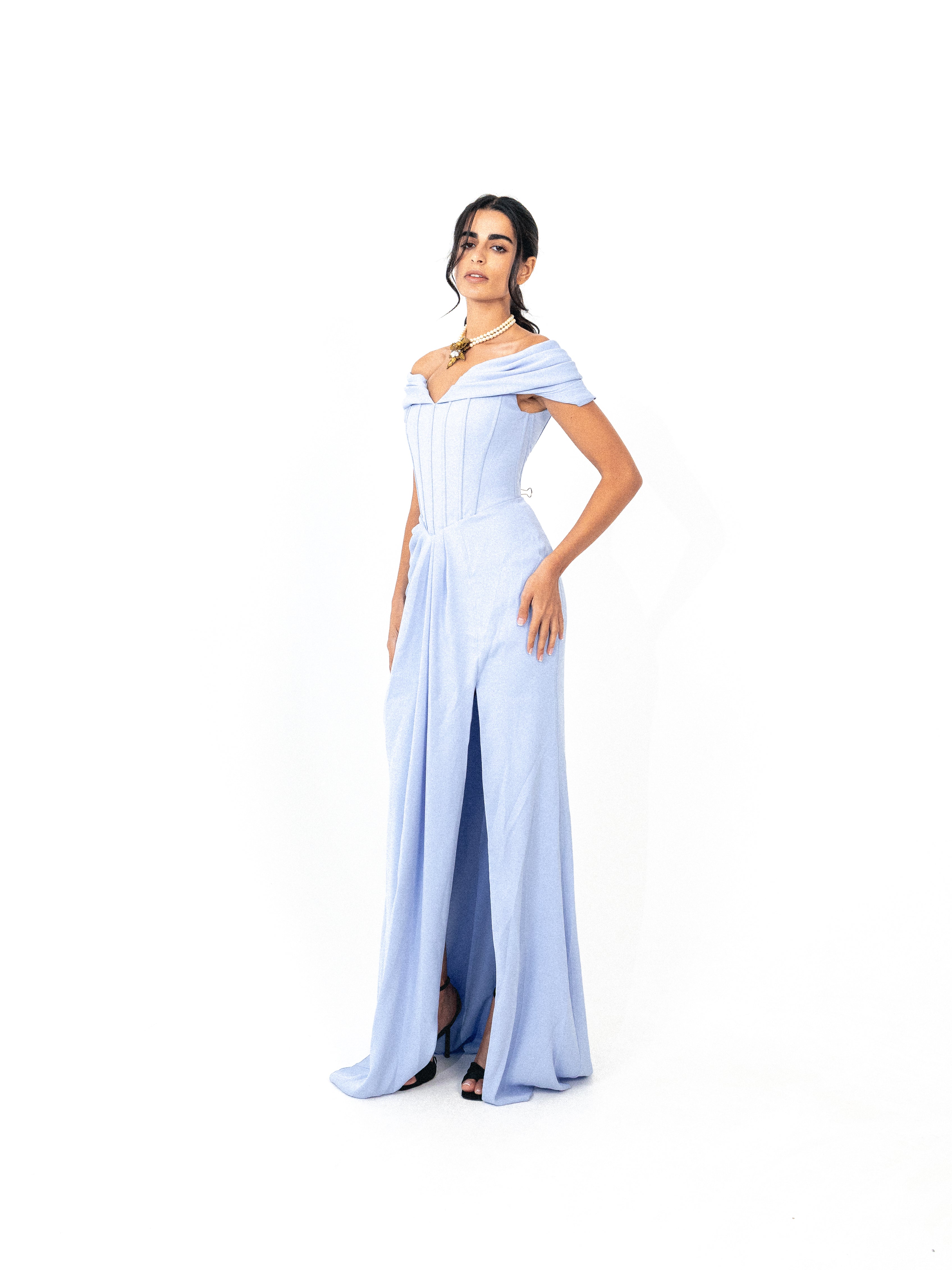 Off shoulder corset dress with slit in BABY BLUE