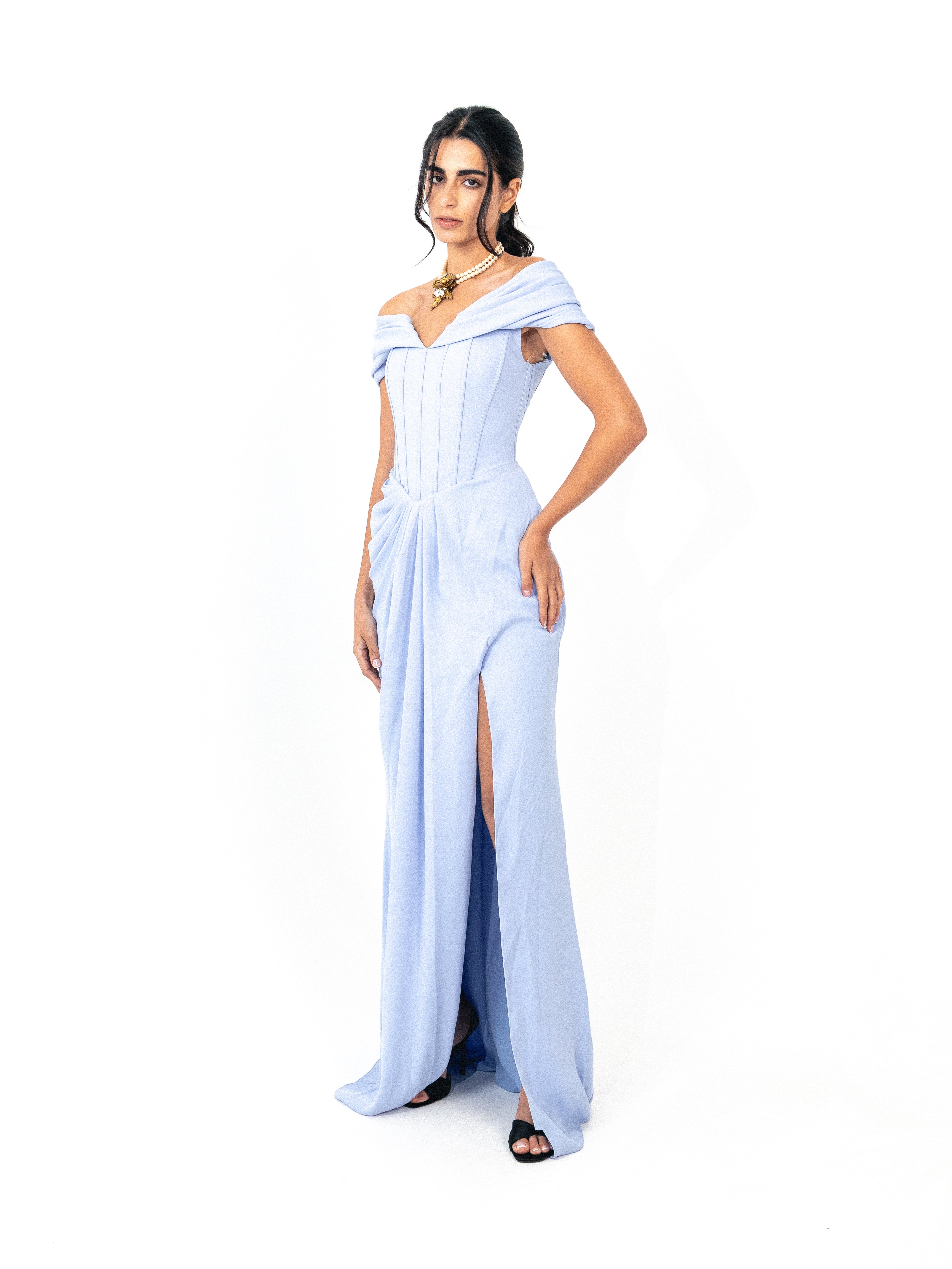 Off shoulder corset dress with slit in BABY BLUE