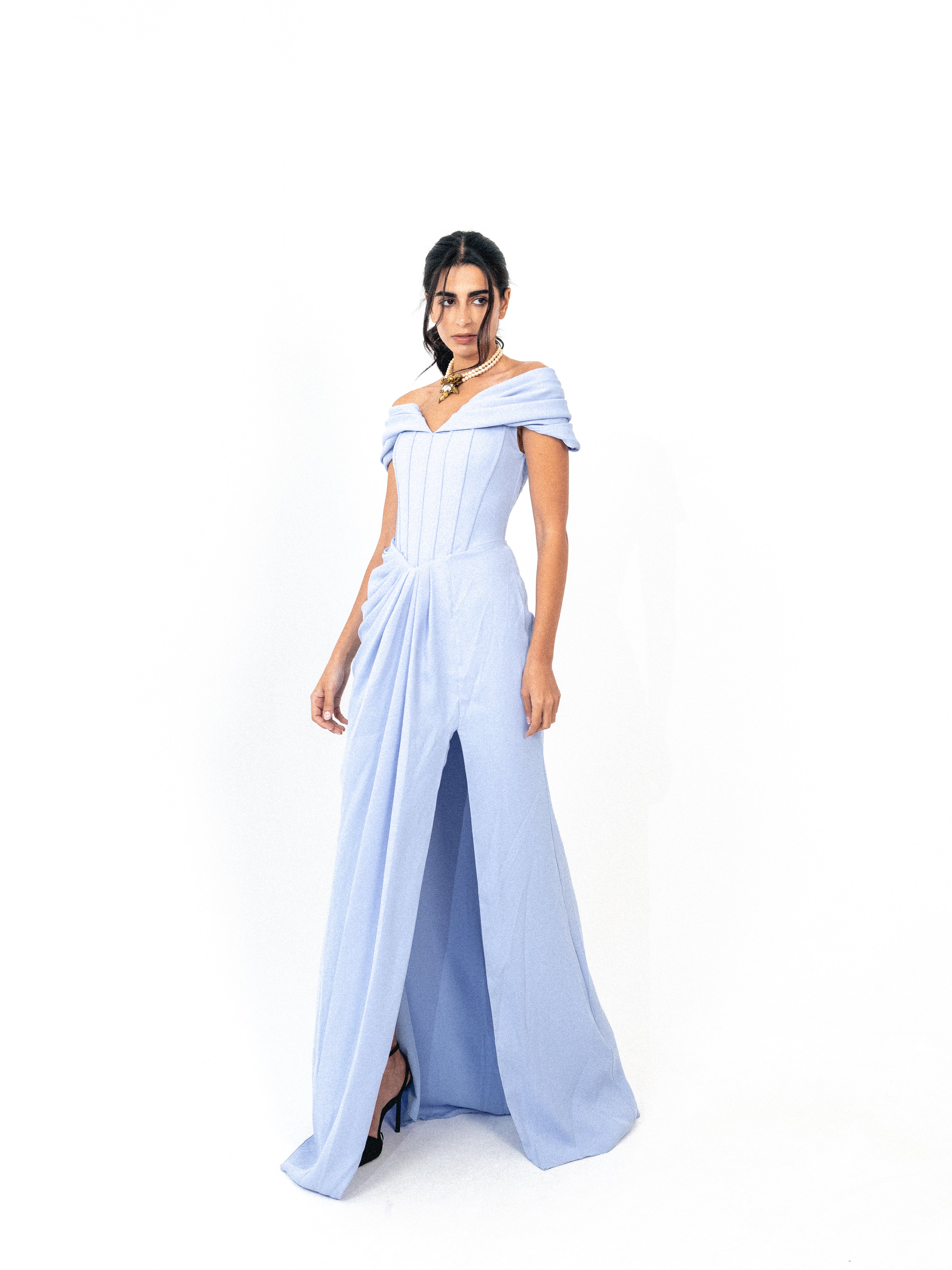 Off shoulder corset dress with slit in BABY BLUE