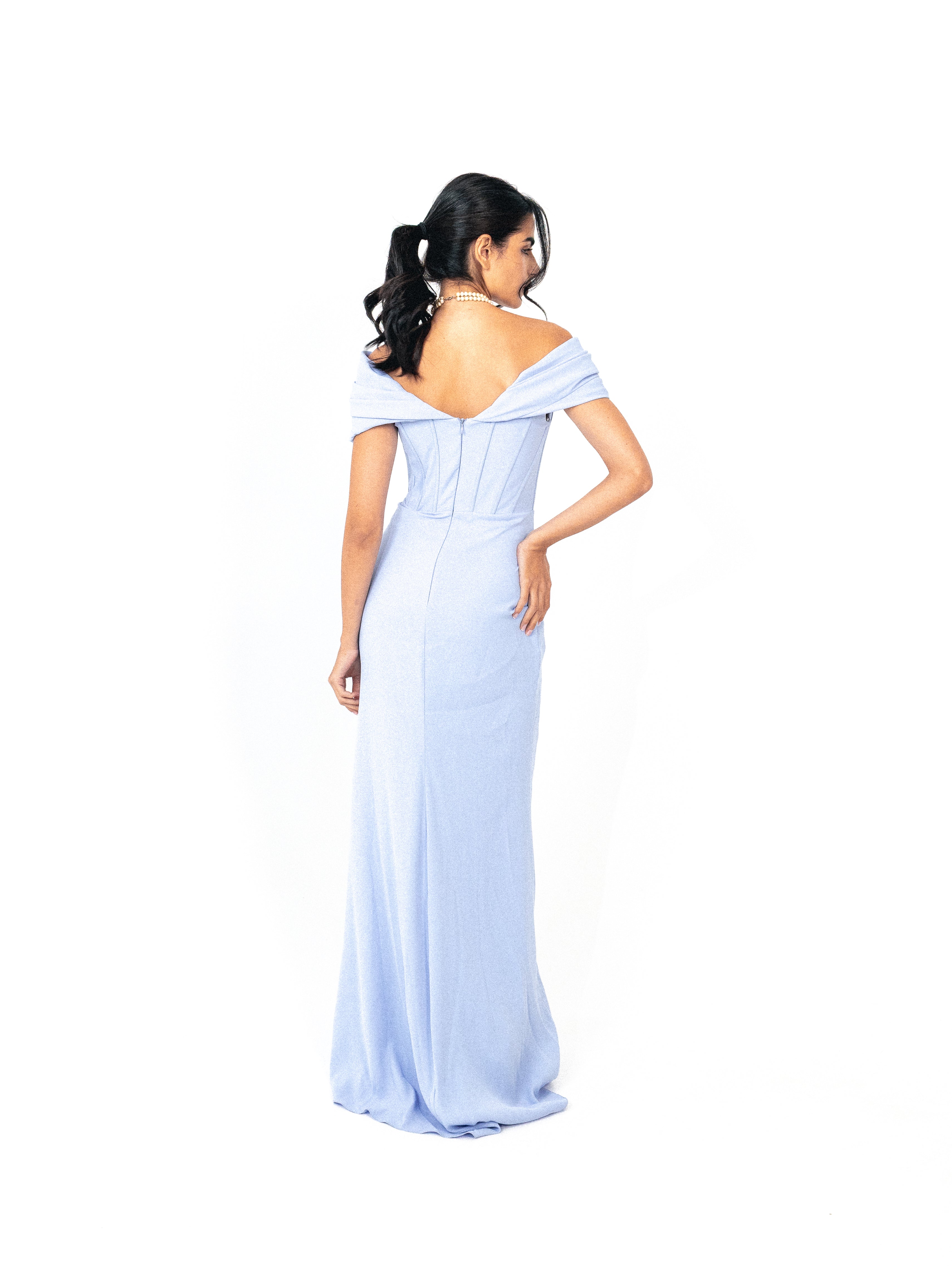 Off shoulder corset dress with slit in BABY BLUE