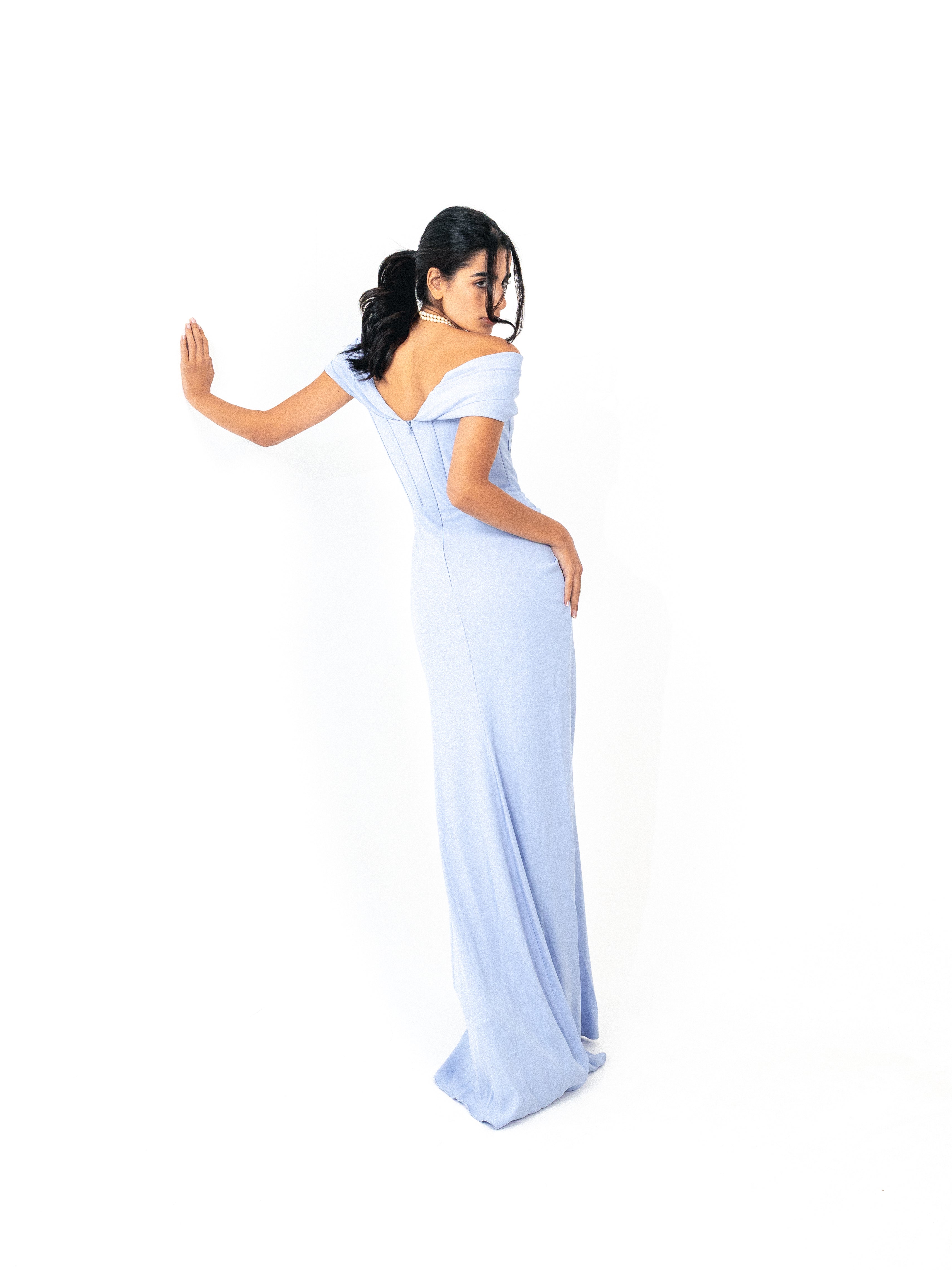 Off shoulder corset dress with slit in BABY BLUE