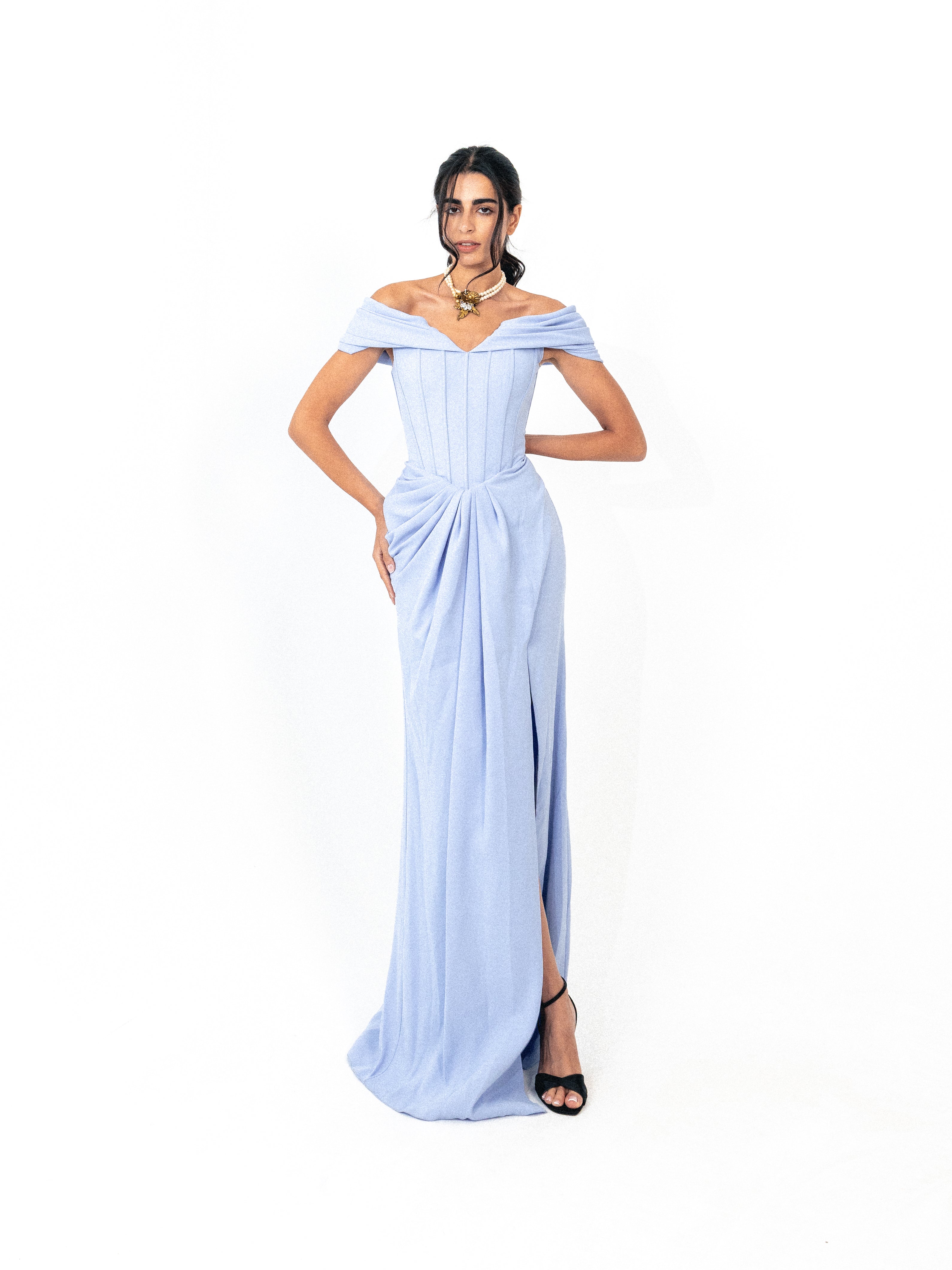 Off shoulder corset dress with slit in BABY BLUE