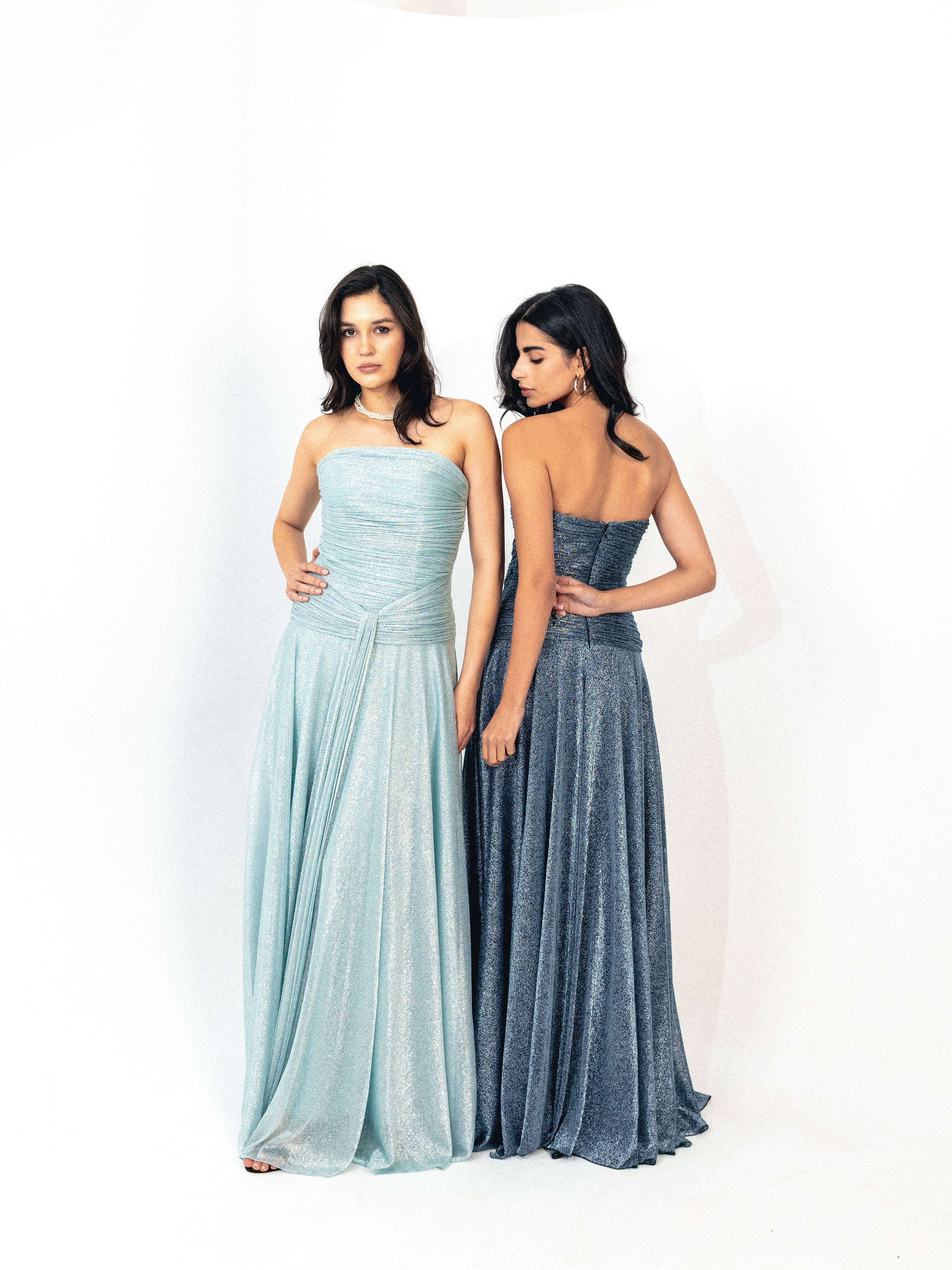 Strapless draped long dress in blue