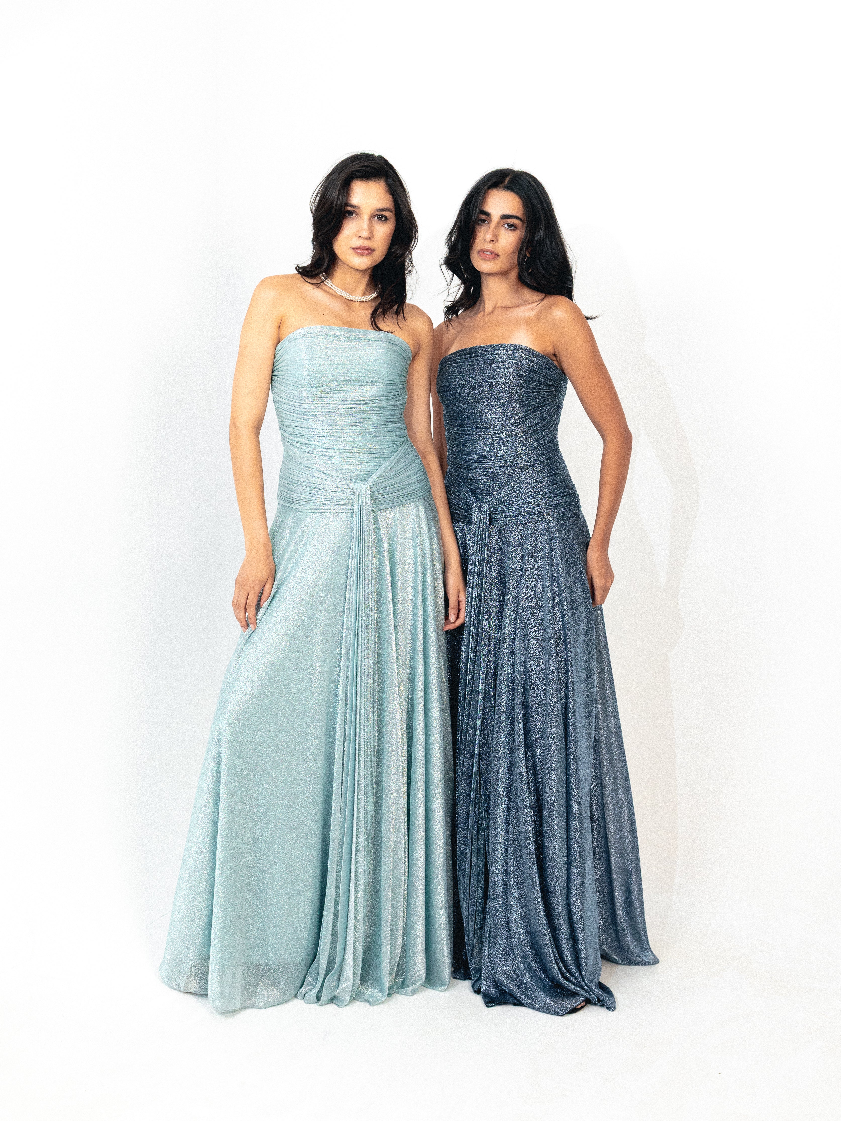 Strapless draped long dress in blue