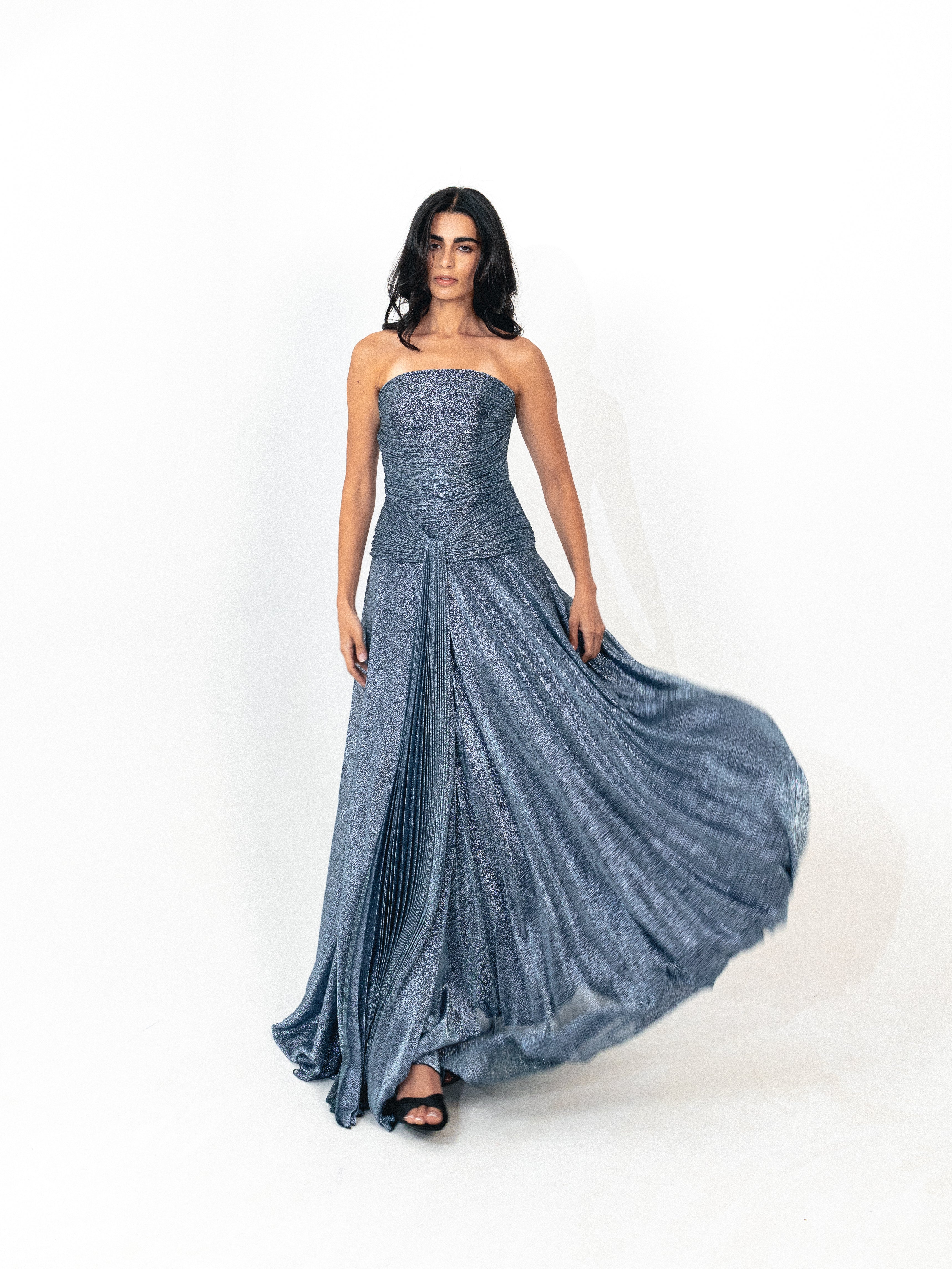 Strapless draped long dress in blue