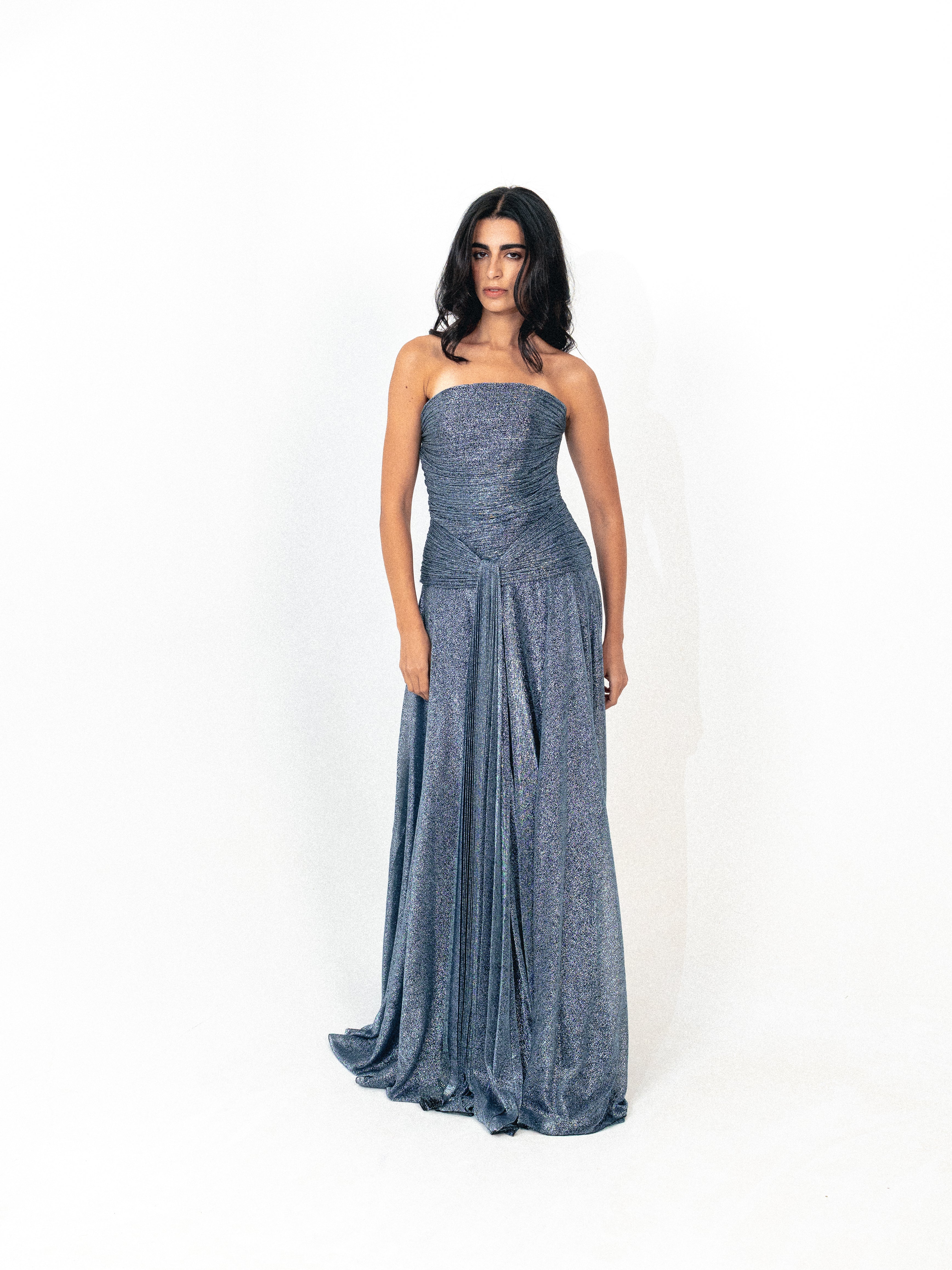 Strapless draped long dress in blue