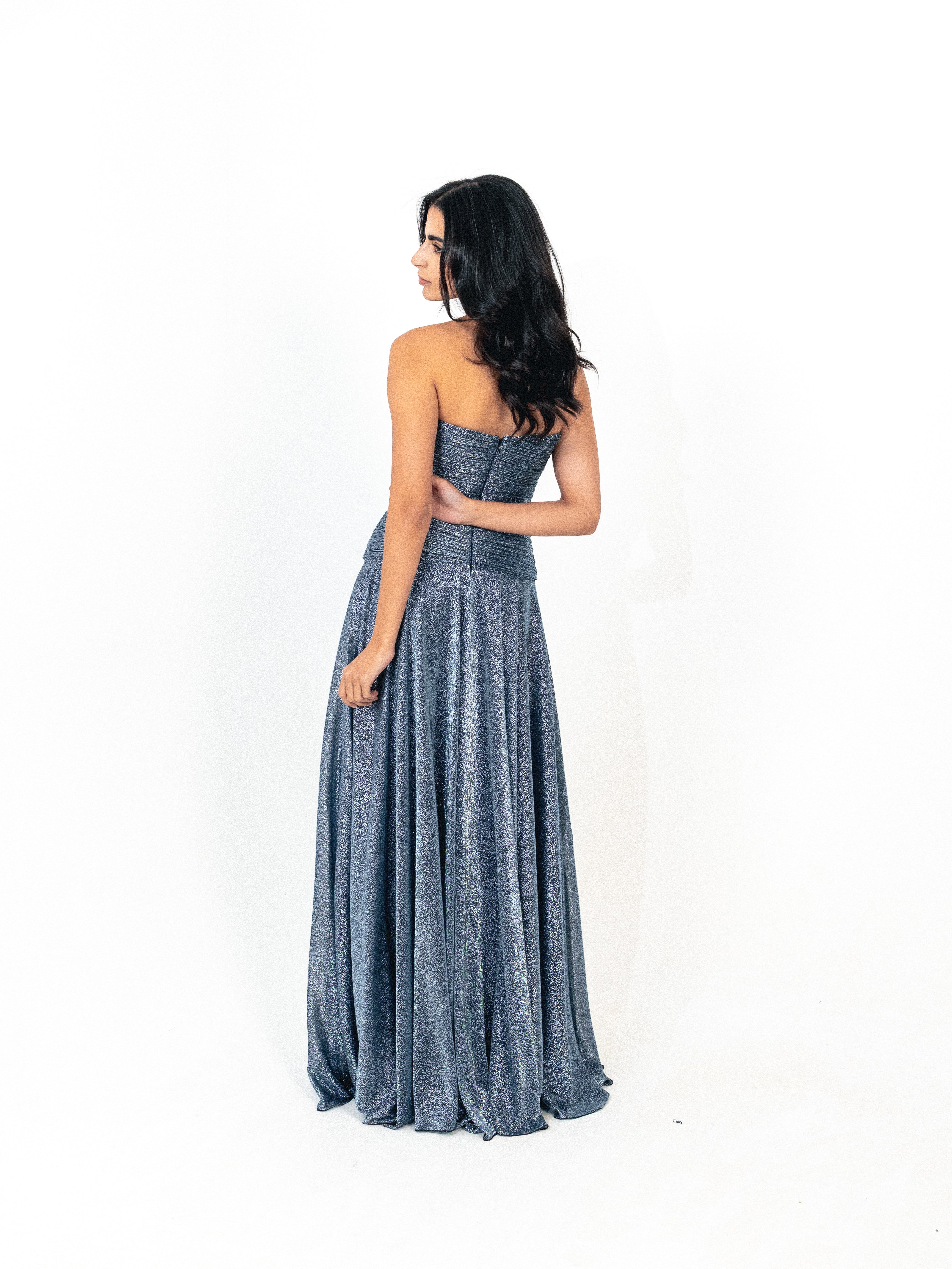 Strapless draped long dress in blue