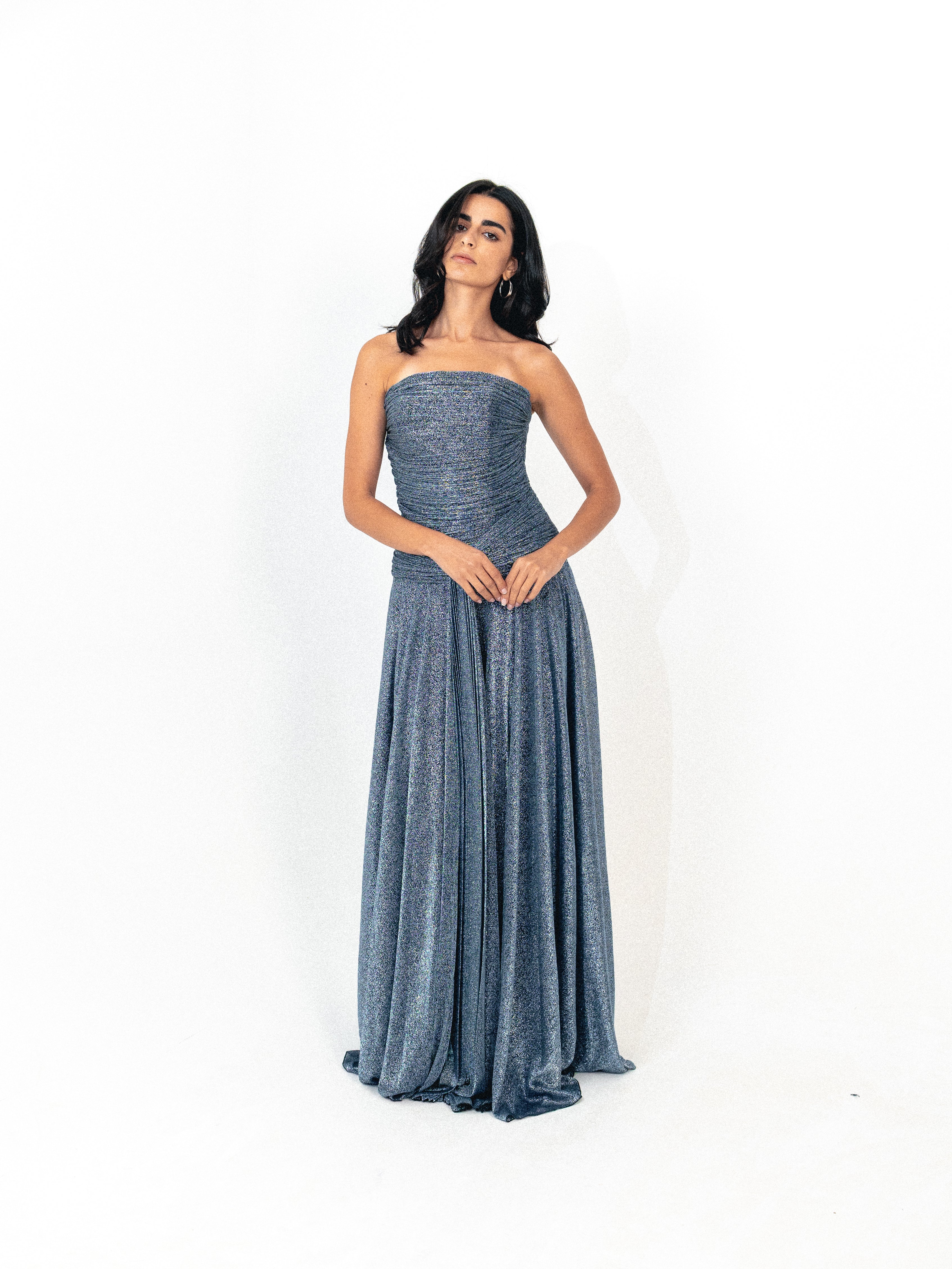 Strapless draped long dress in blue