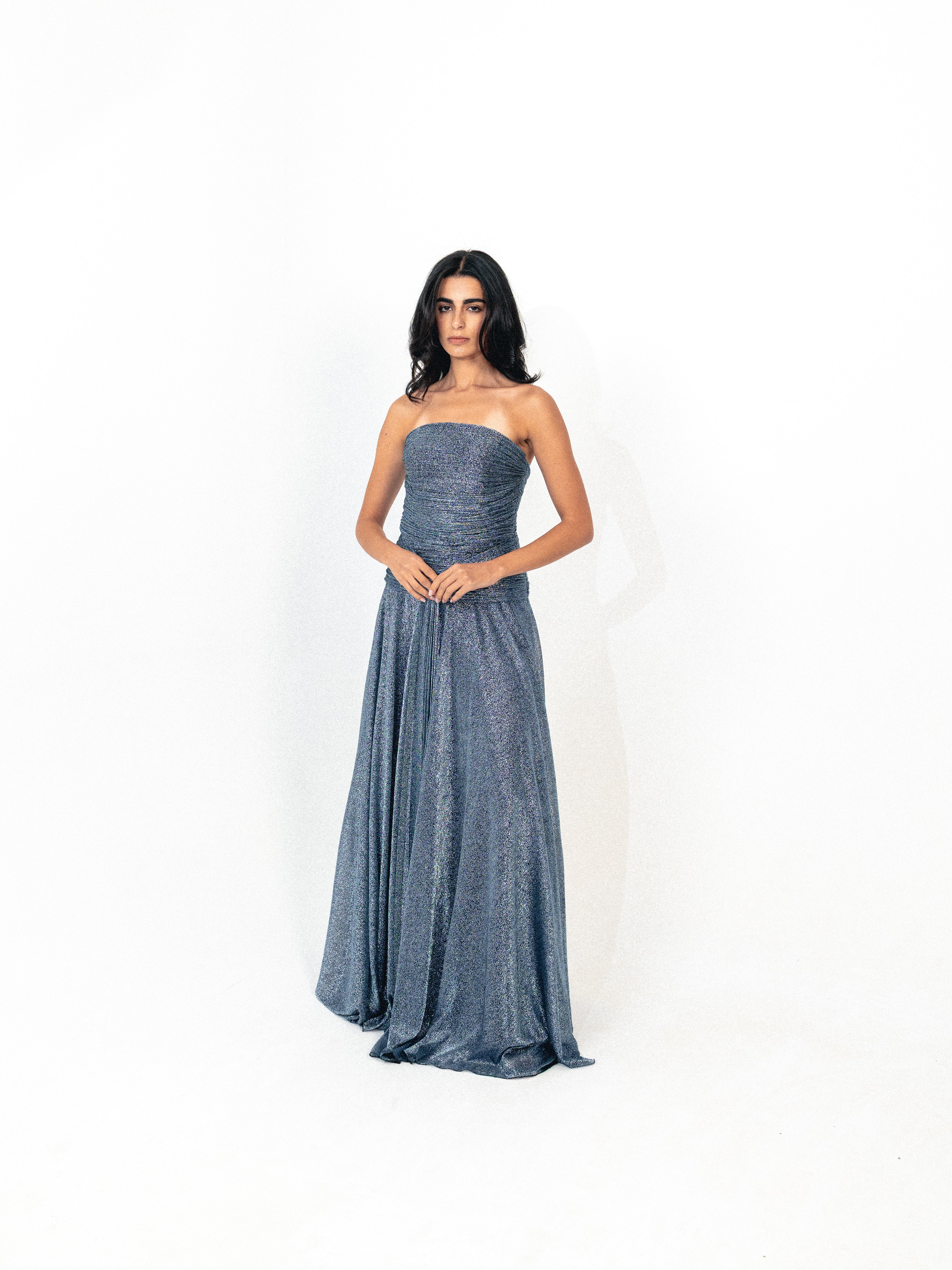 Strapless draped long dress in blue