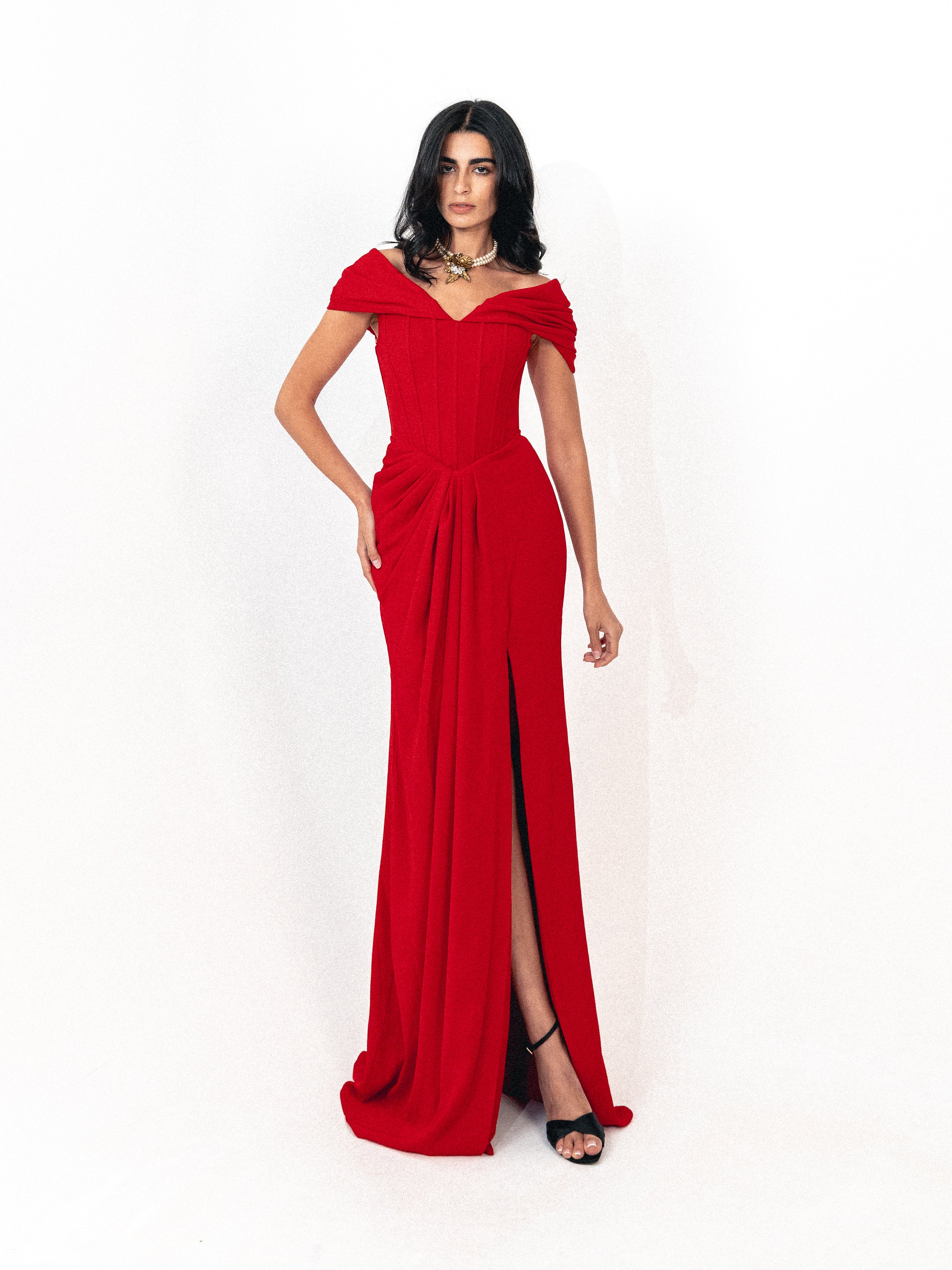 Off shoulder corset dress with slit in red