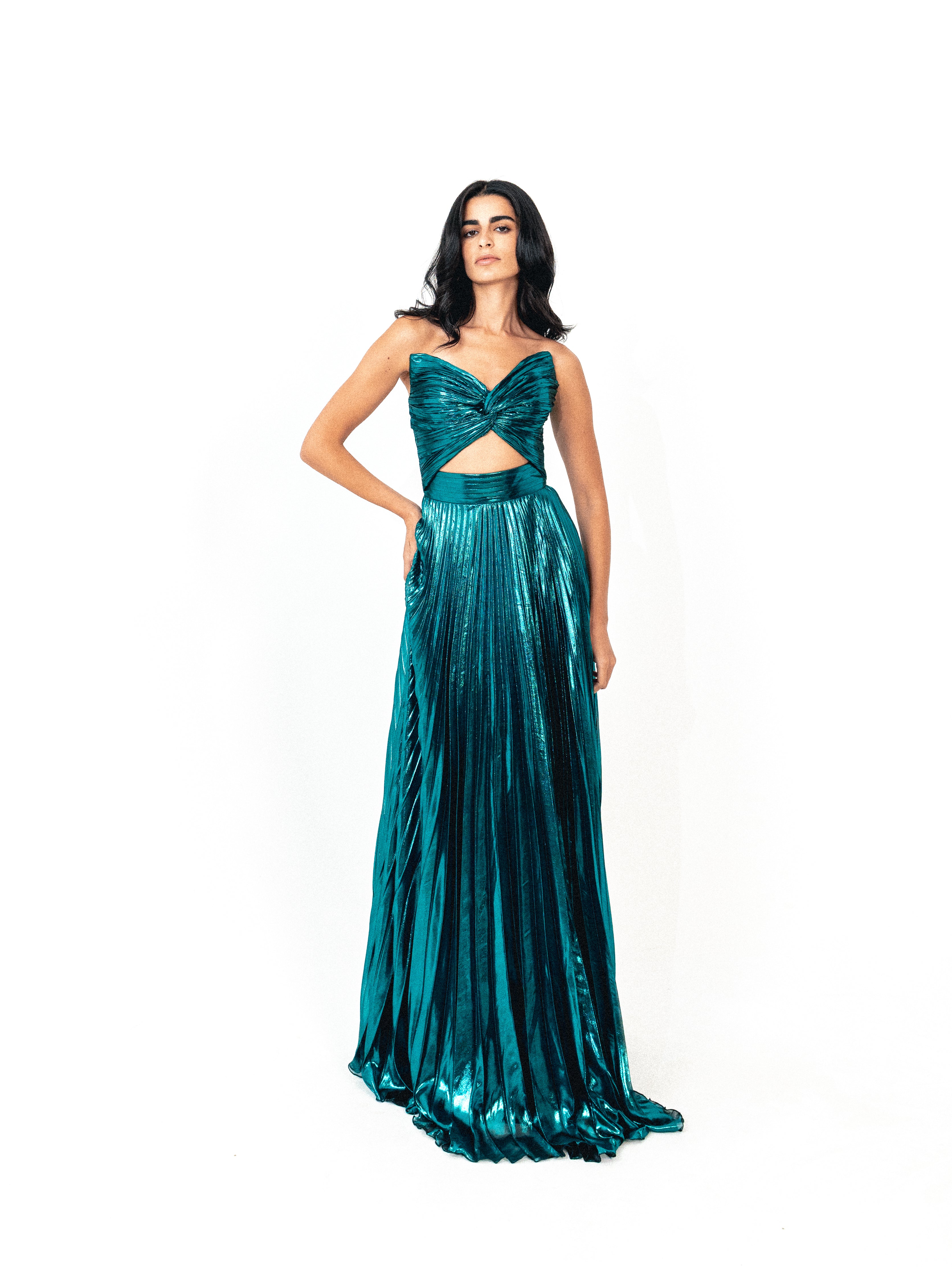 Strapless cutout plisse long dress in TEAL