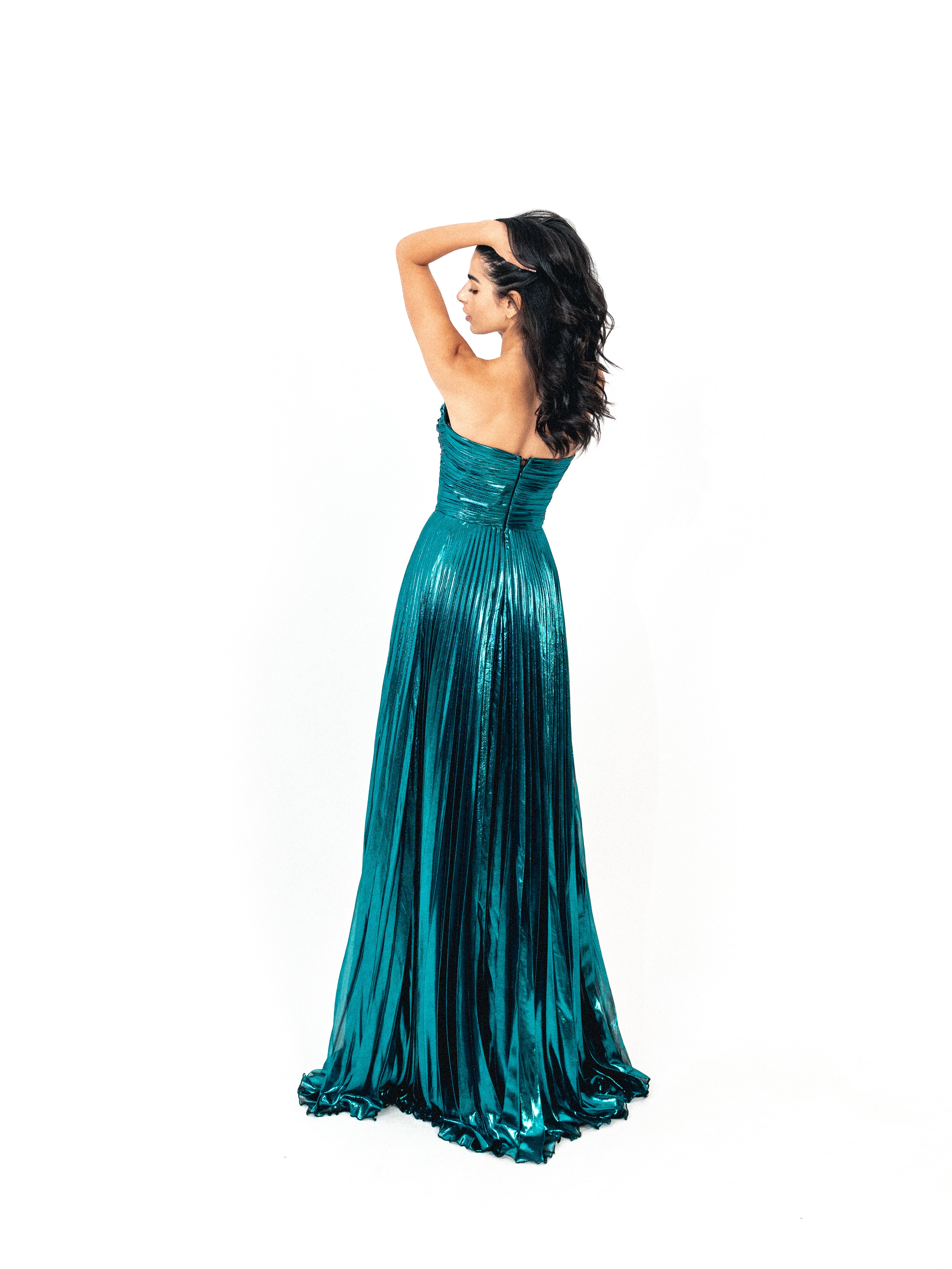 Strapless cutout plisse long dress in TEAL