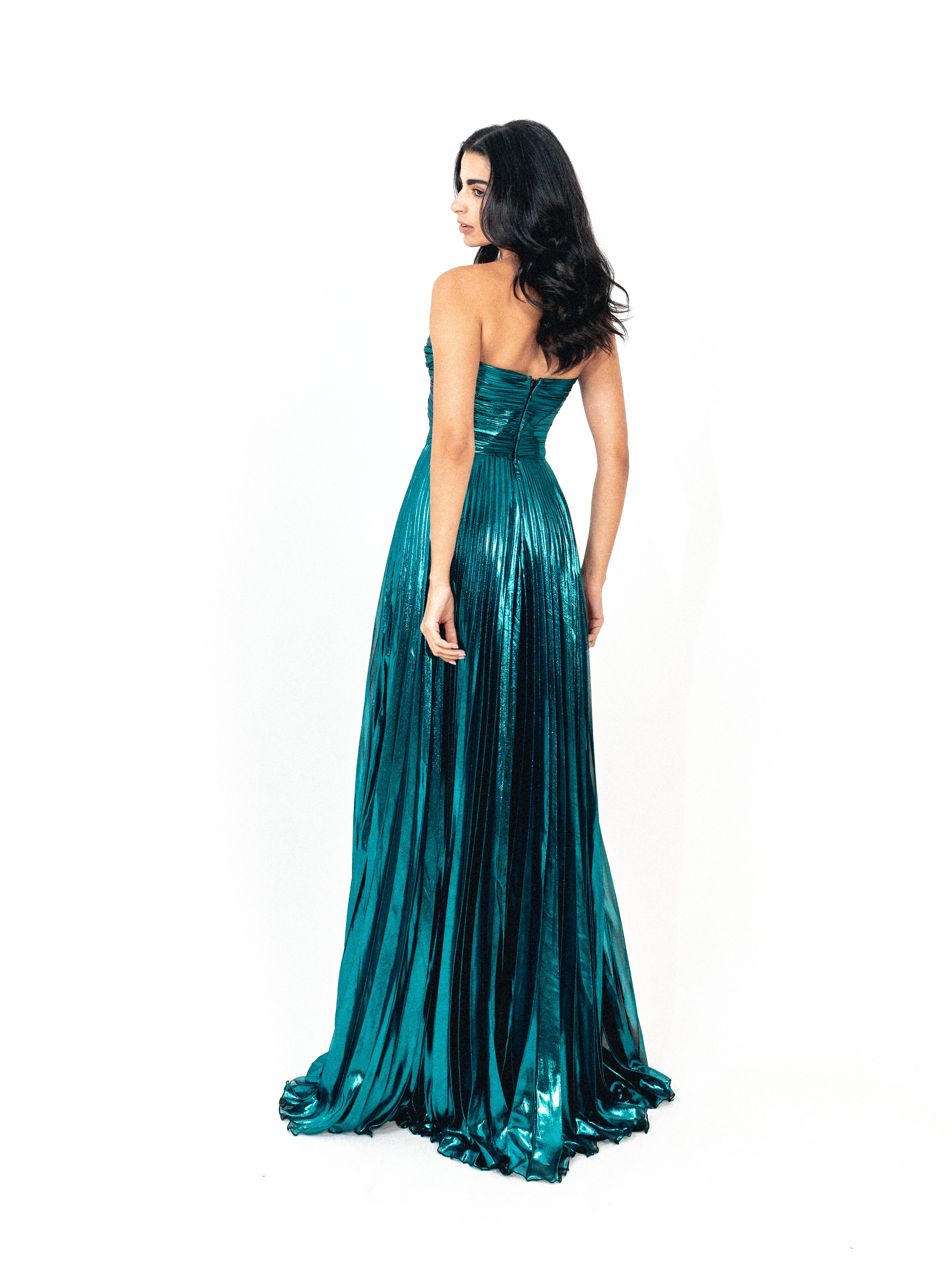 Strapless cutout plisse long dress in TEAL