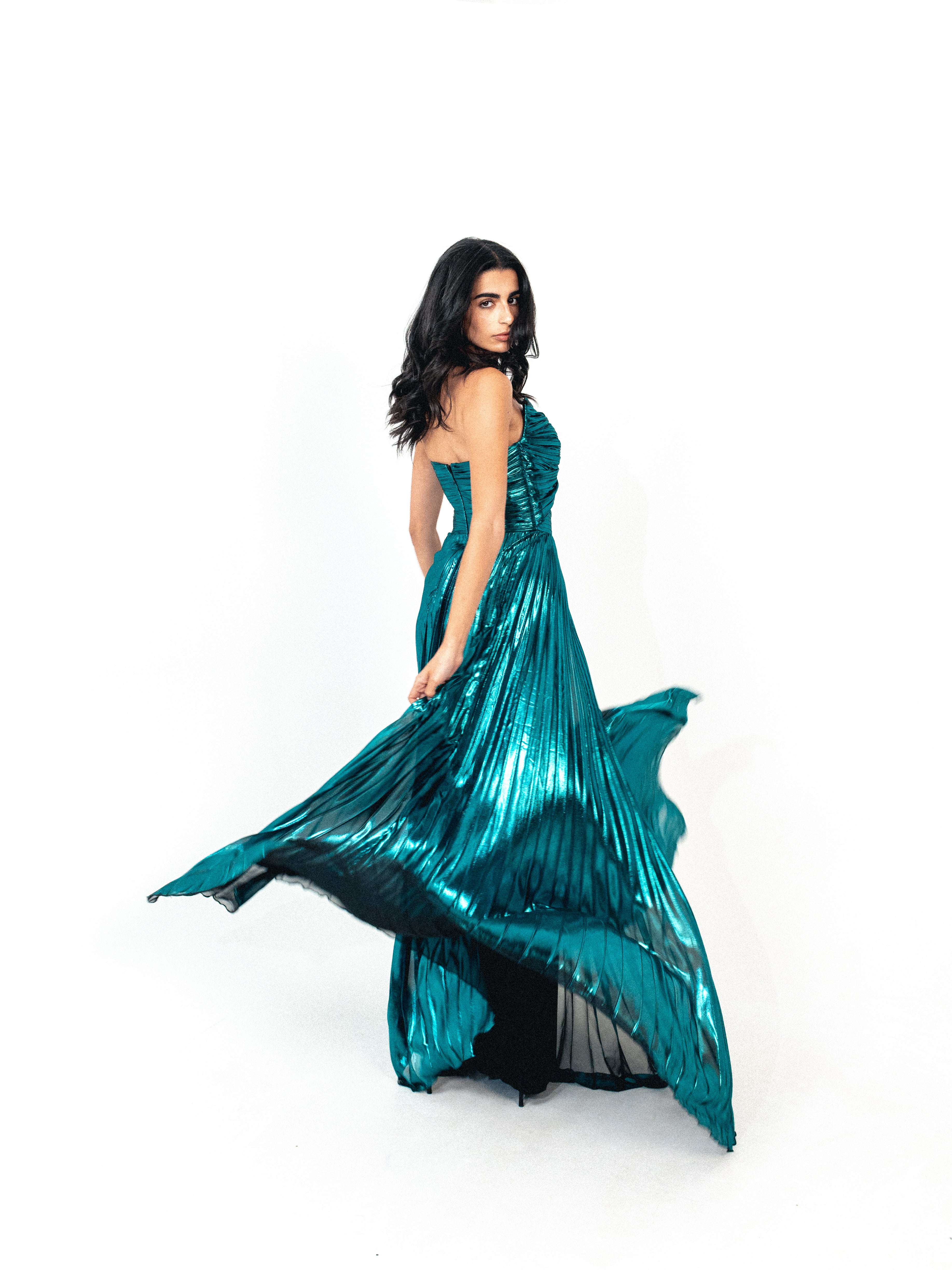 Strapless cutout plisse long dress in TEAL