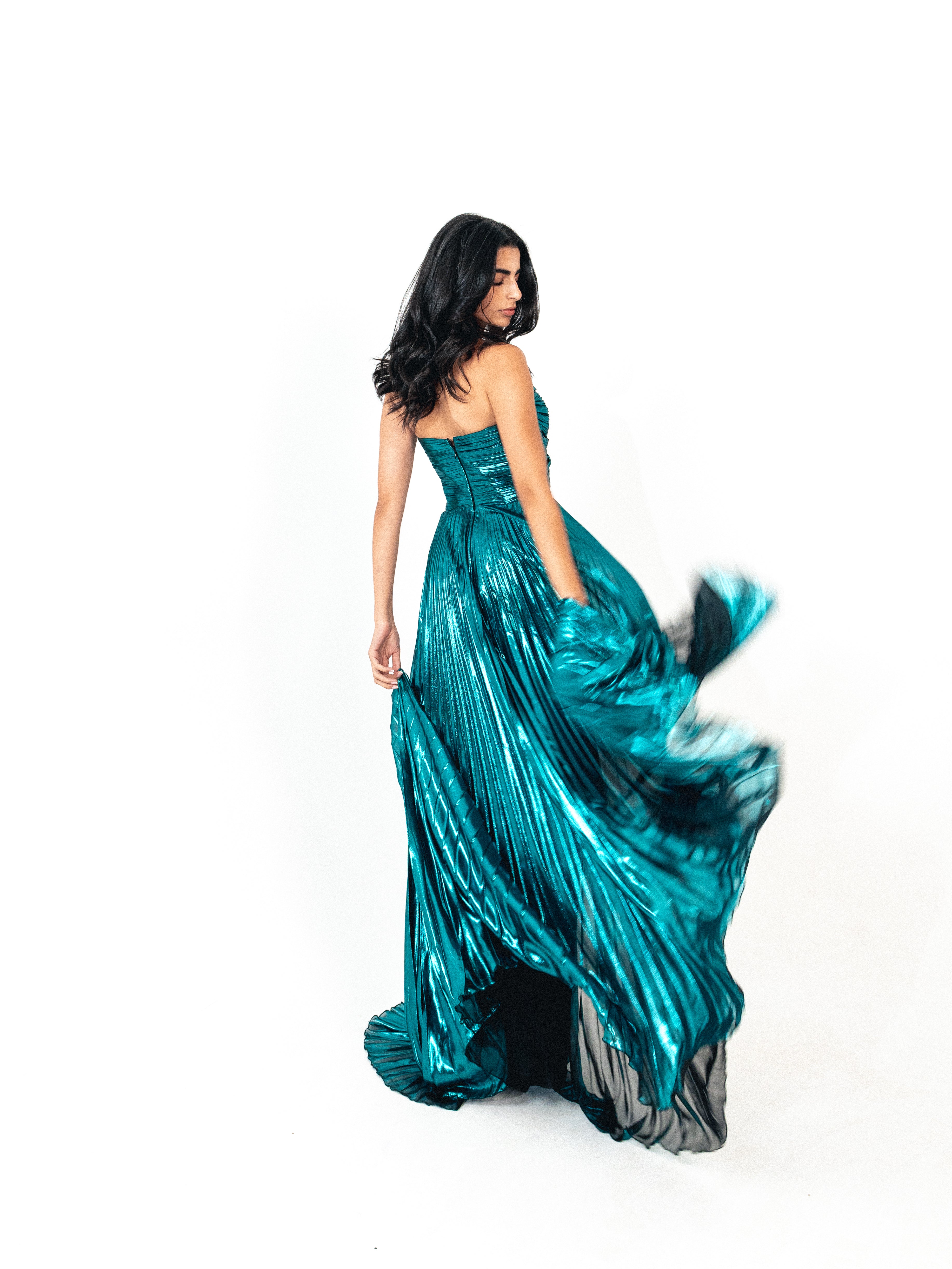 Strapless cutout plisse long dress in TEAL