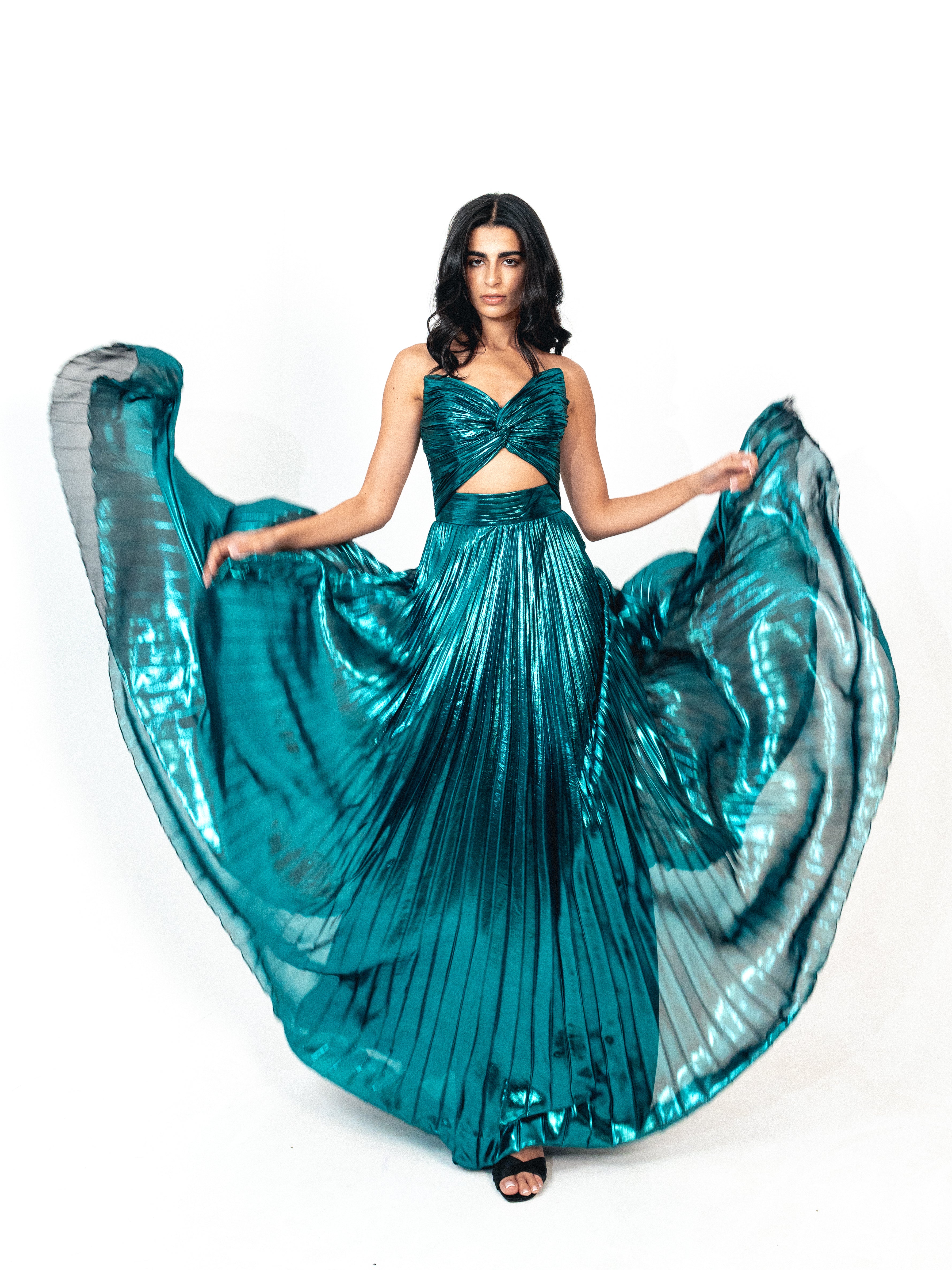Strapless cutout plisse long dress in TEAL