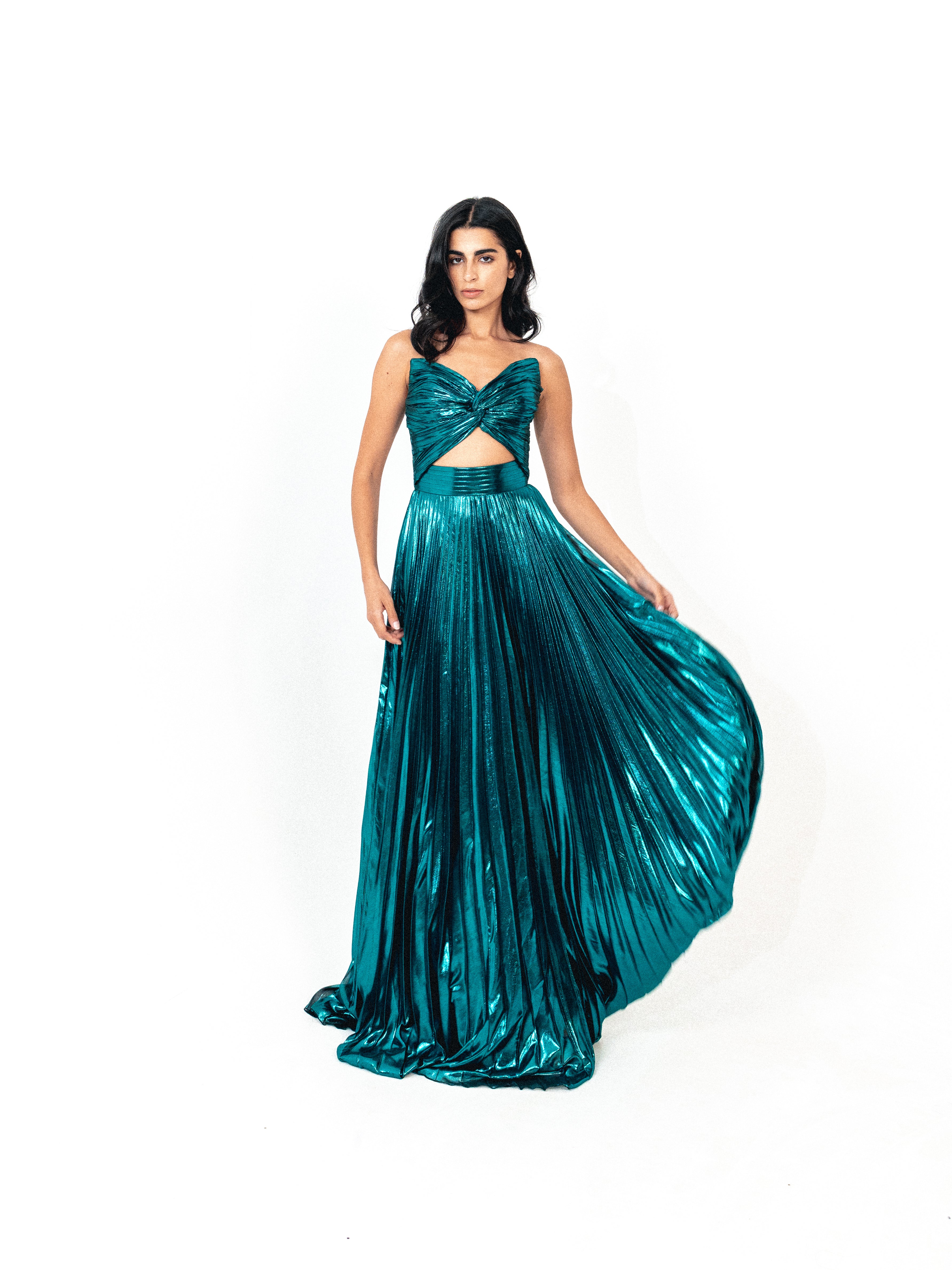 Strapless cutout plisse long dress in TEAL