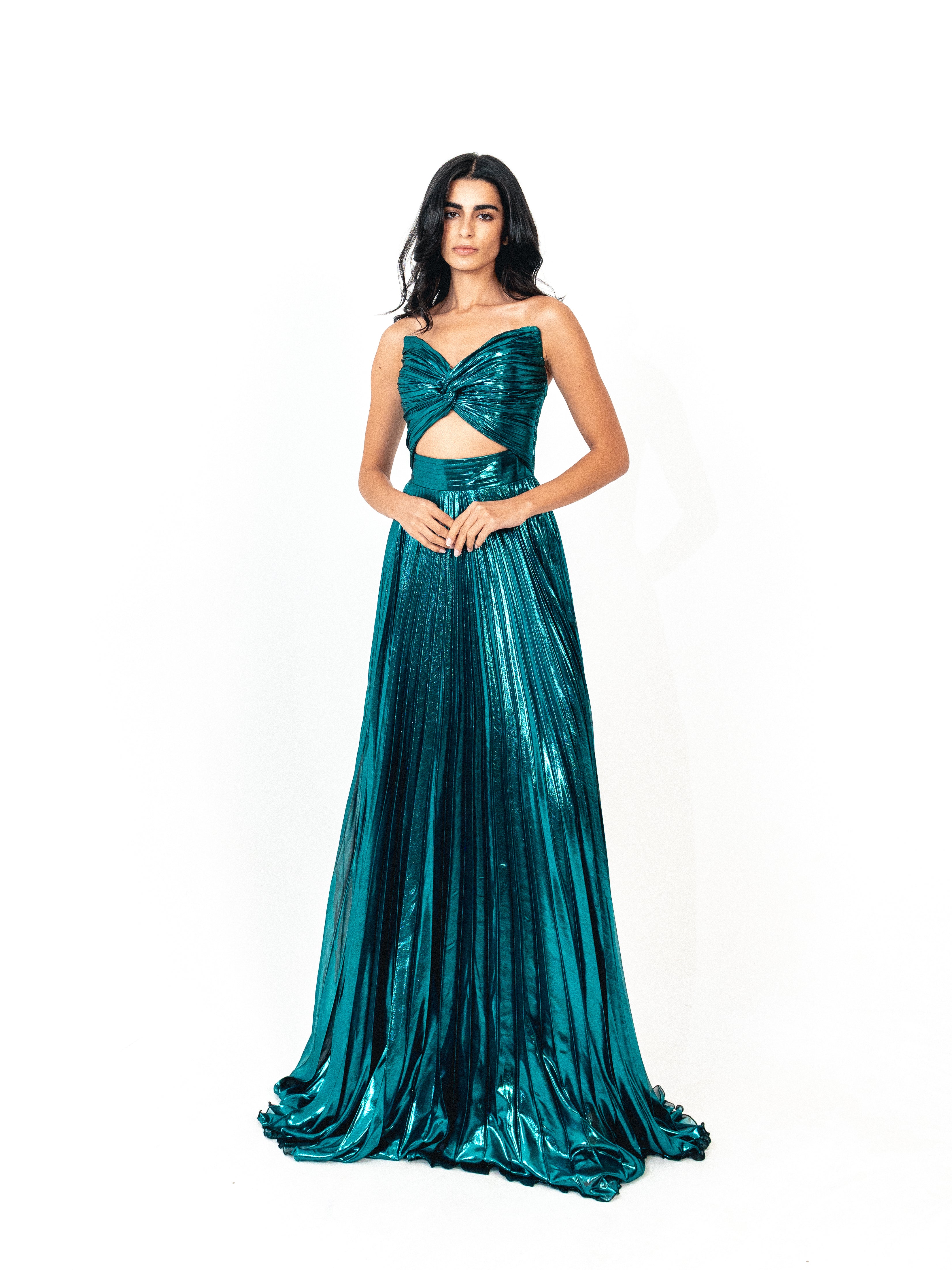 Strapless cutout plisse long dress in TEAL