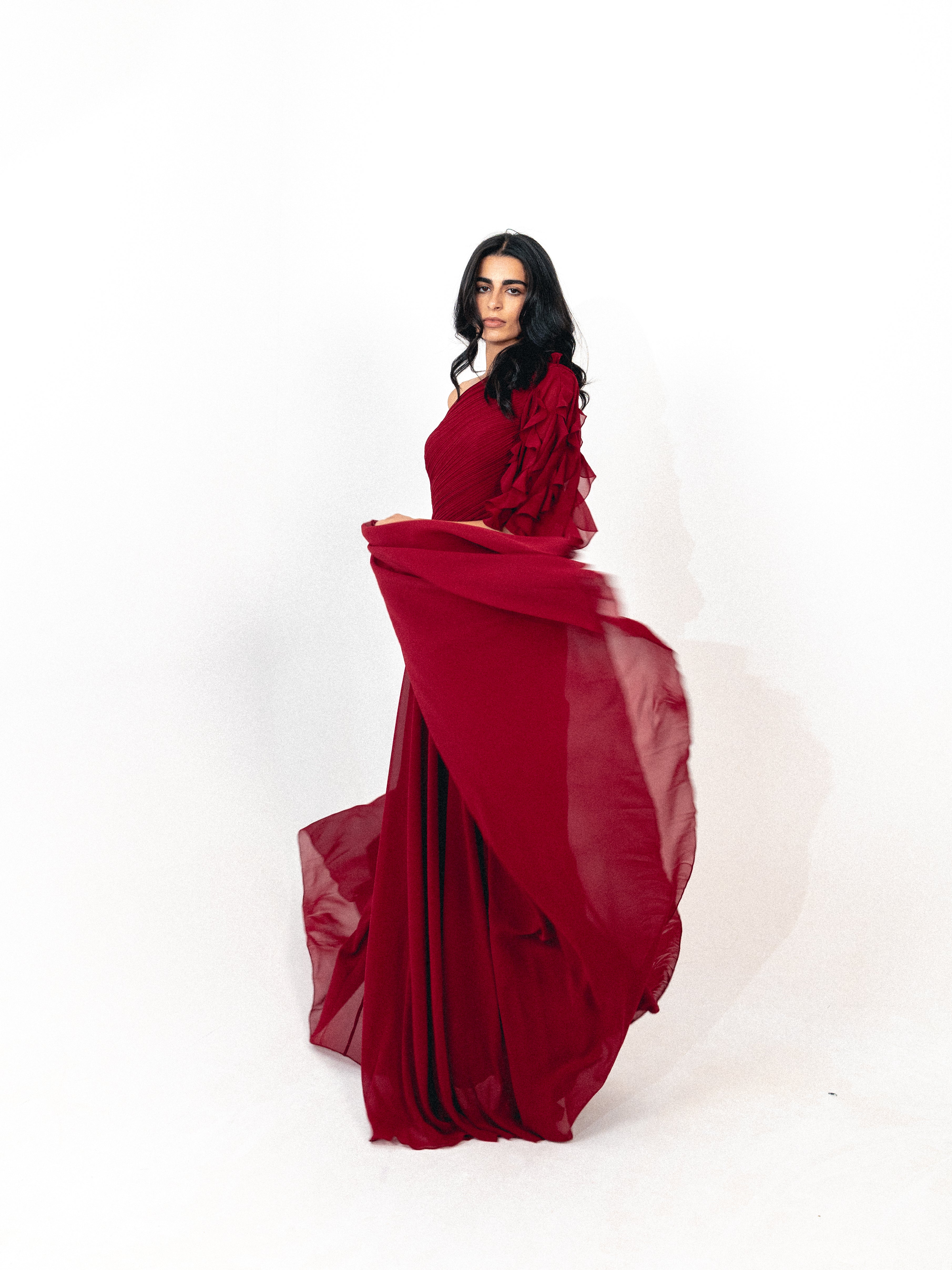 One shoulder chiffon dress with slit in burgundy