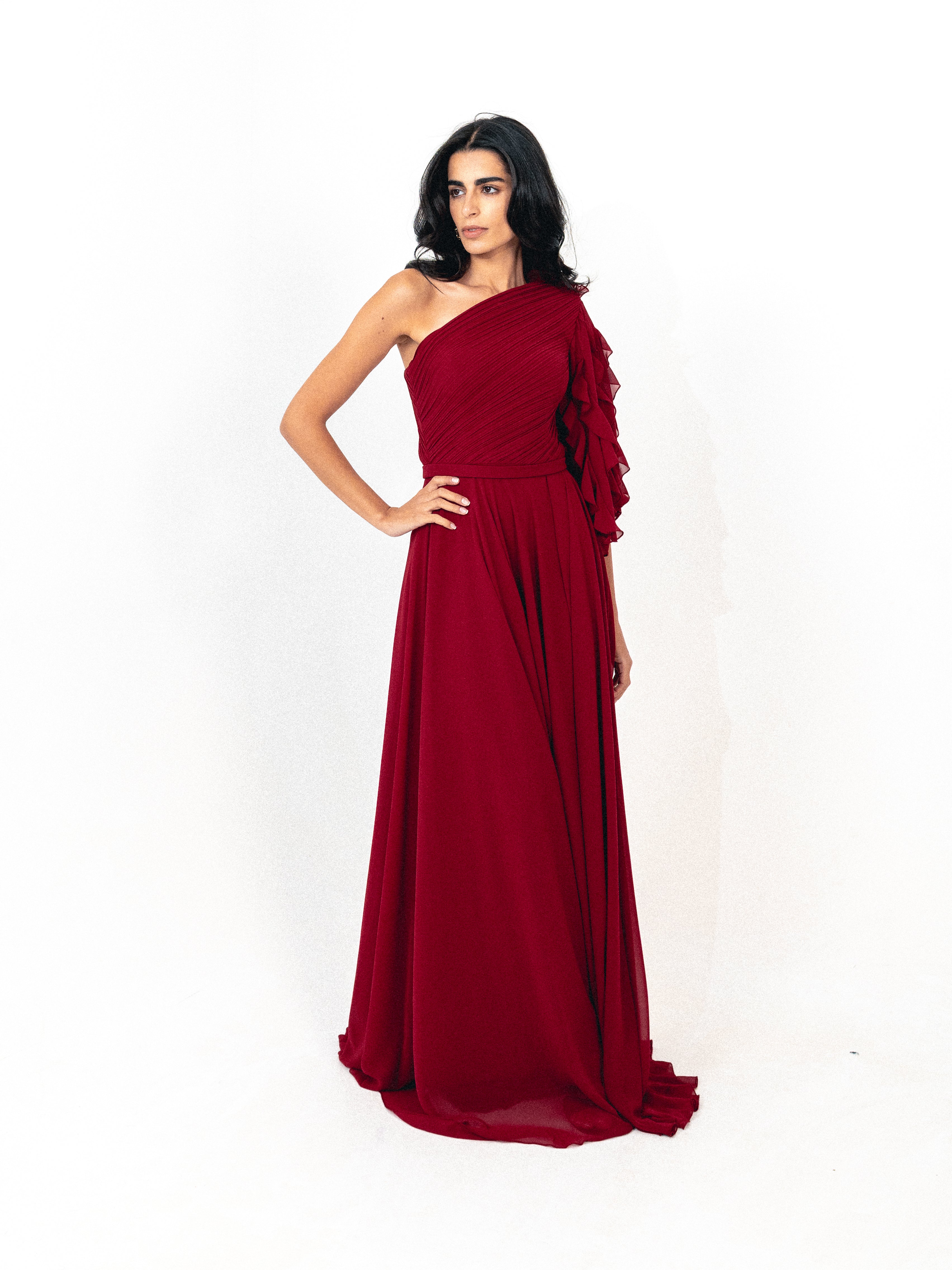 One shoulder chiffon dress with slit in burgundy
