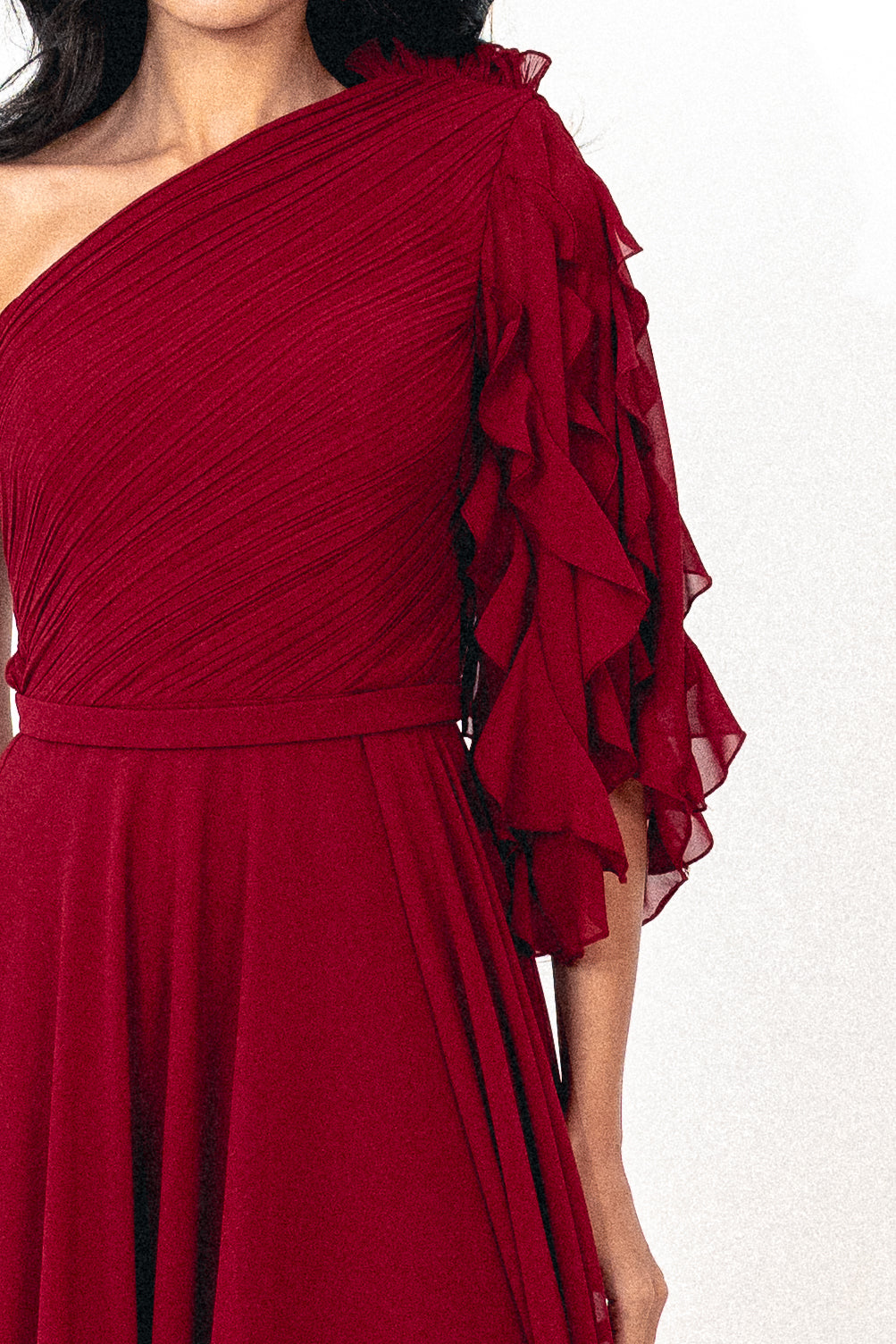 One shoulder chiffon dress with slit in burgundy